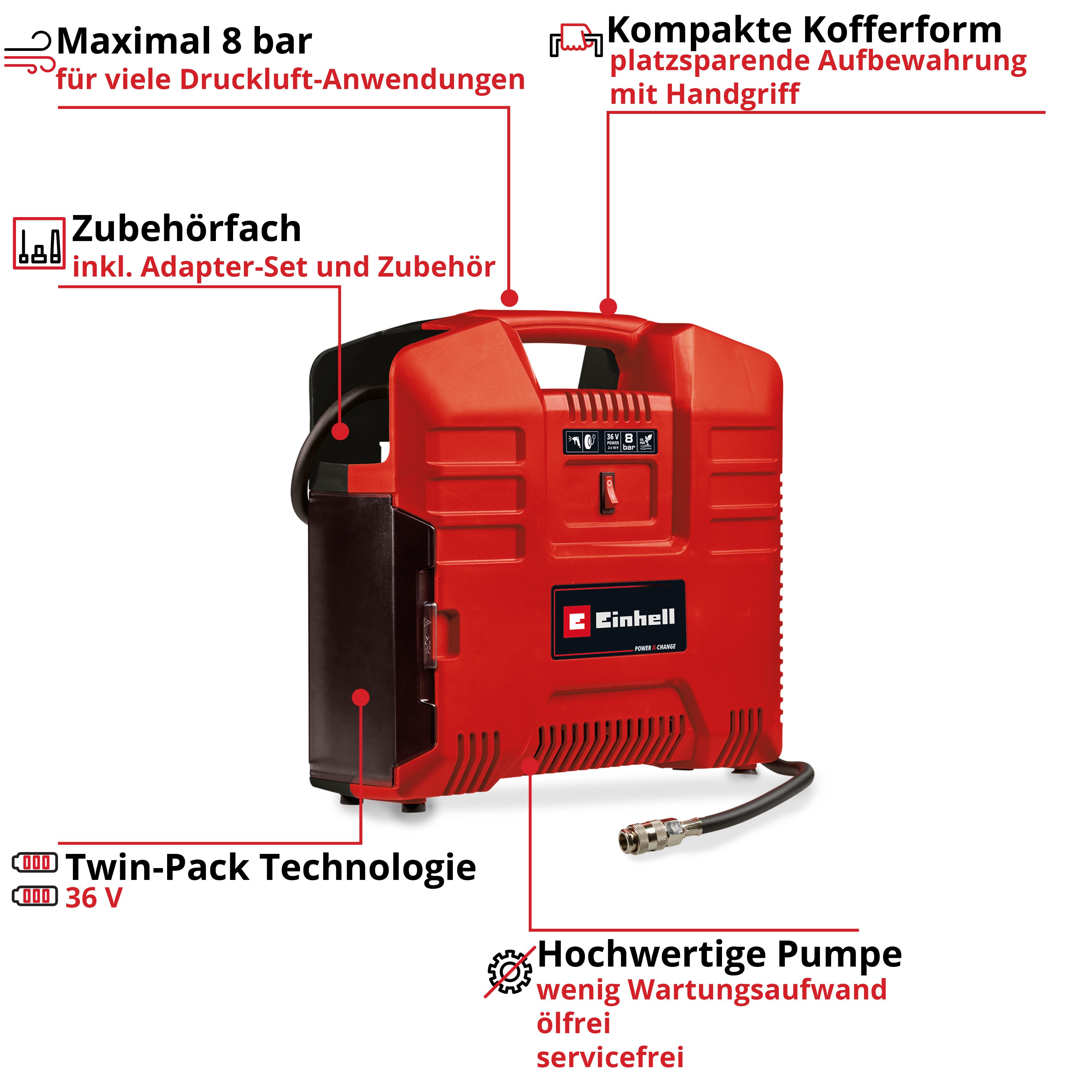 Einhell Koffer-Kompressor TE-AC 36/8 Li OF Set-Solo, max. 8 bar, ohne Akku und Ladegerät, inkl. Aufbewahrungskoffer