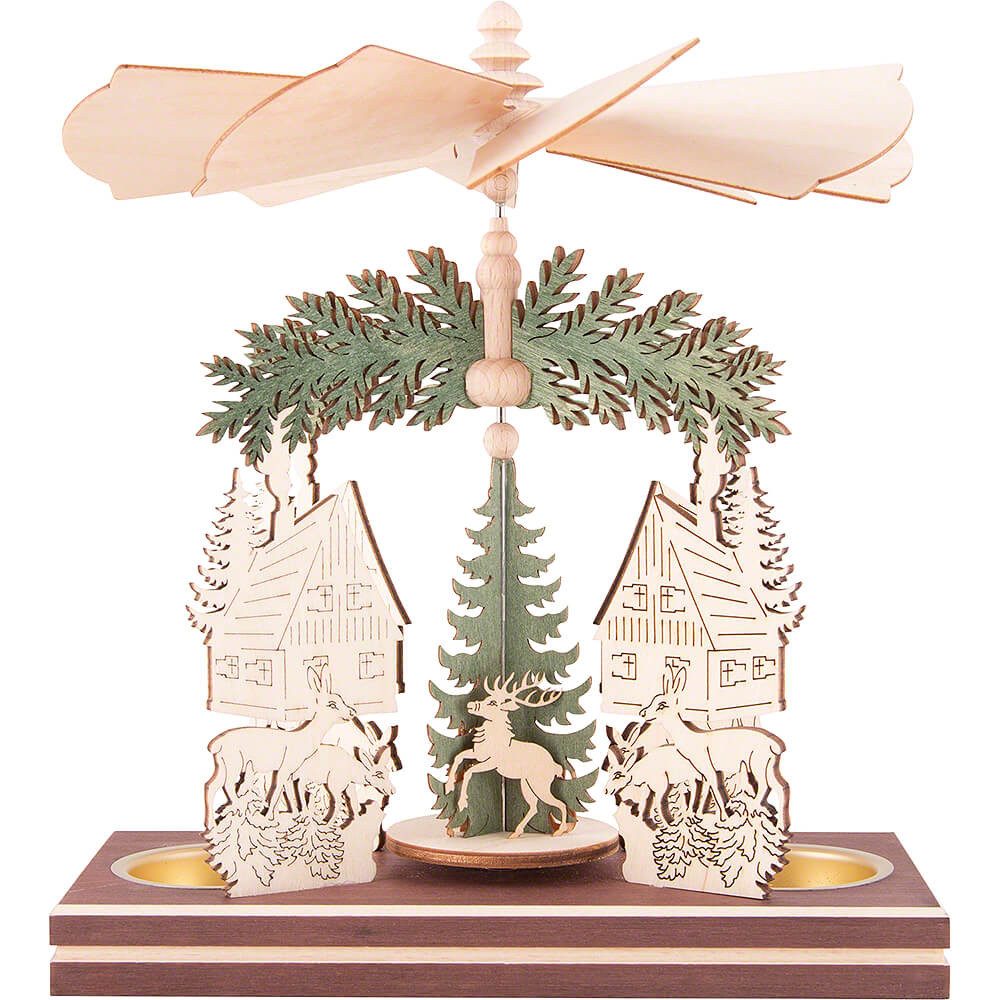 Erzgebirge-Palast Weihnachtspyramide 1-stöckige Pyramide Waldhaus mit Weihnachtsmann und Hirsch (20cm) von