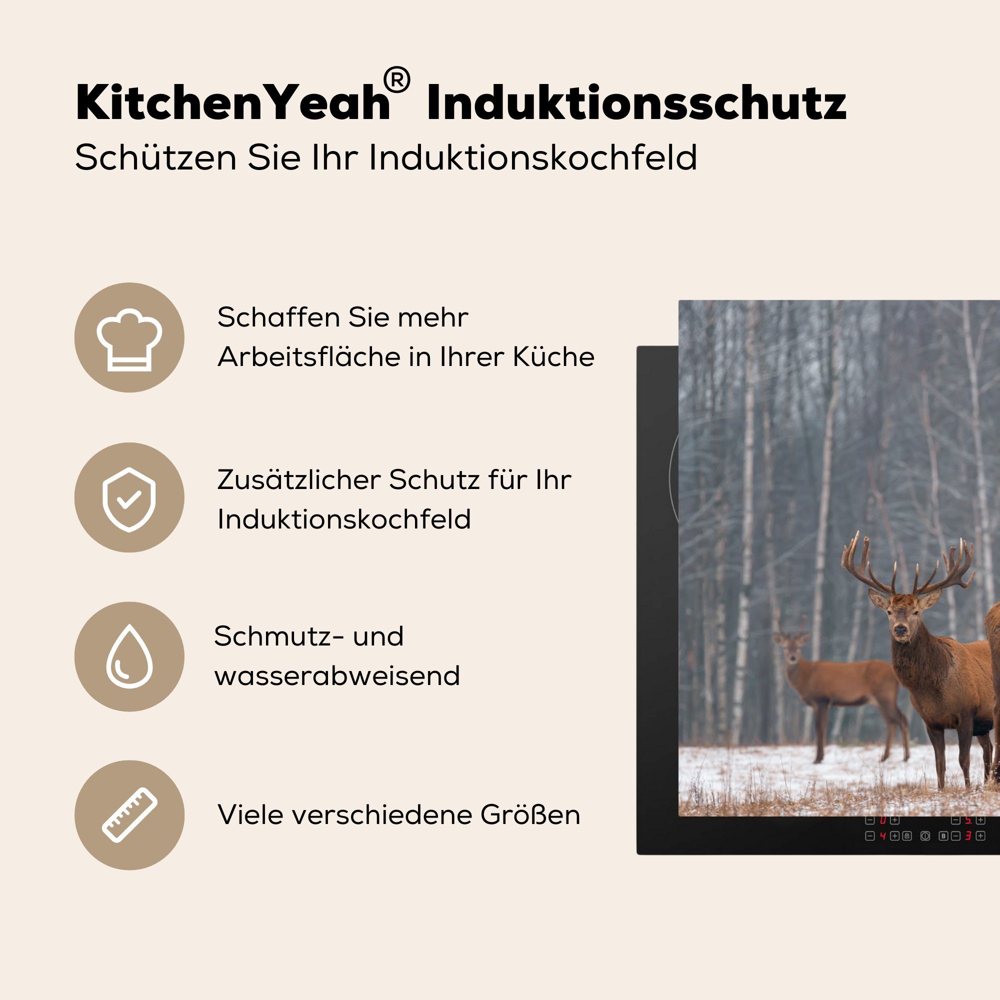 MuchoWow Herdblende-/Abdeckplatte Schutz Wald (1 Ceranfeldabdeckung küche, cm, Induktionskochfeld - die Hirsche Vinyl, 81x52 Winter, - tlg), für