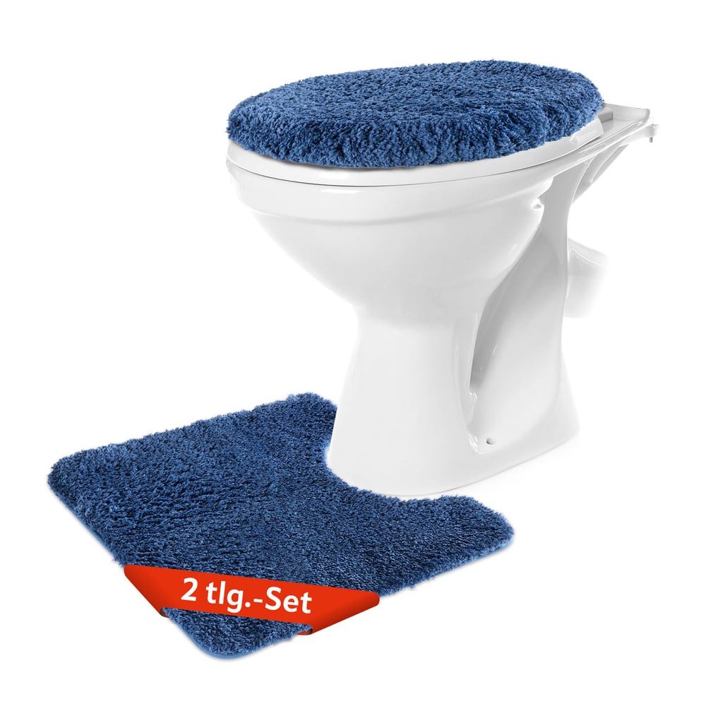 Benkstein Badematte Set 2-teilig, rutschfest, pflegeleicht, maschinenwaschbar, WC Vorleger + WC-Deckelbezug, Polyester 1700gr/m2/TPR, Badvorleger und WC Teppich mit weichem Toilet Seat Cover pflegeleicht