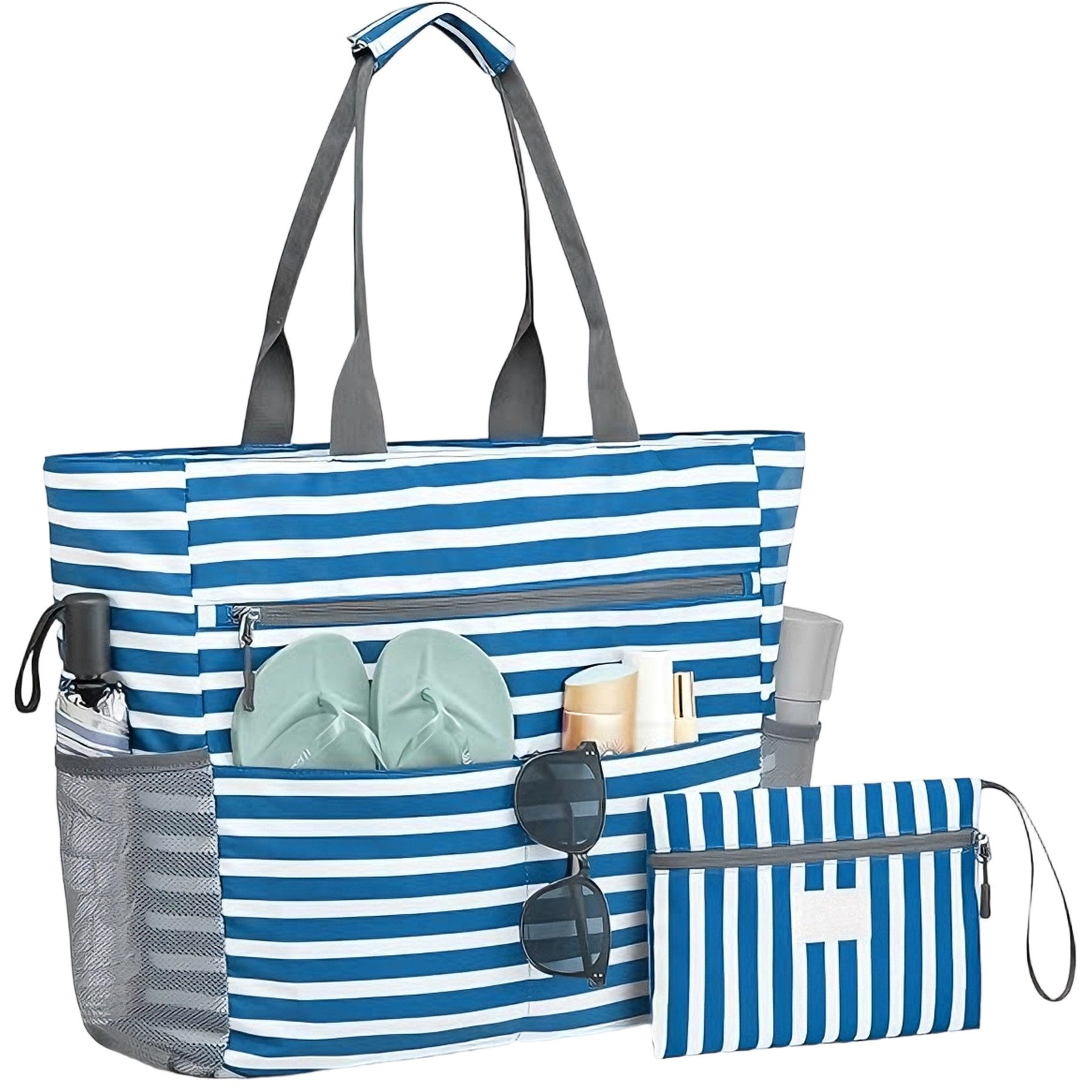 Mutig Strandtasche Große Strandtasche XXL mit Reißverschluss (wasserdichte & faltbare Badetasche, Shopper / Reisetasche / Beach Tote Bag mit mehreren Taschen), für Damen, Strand, Pool, Urlaub, Fitnessstudio & Familie