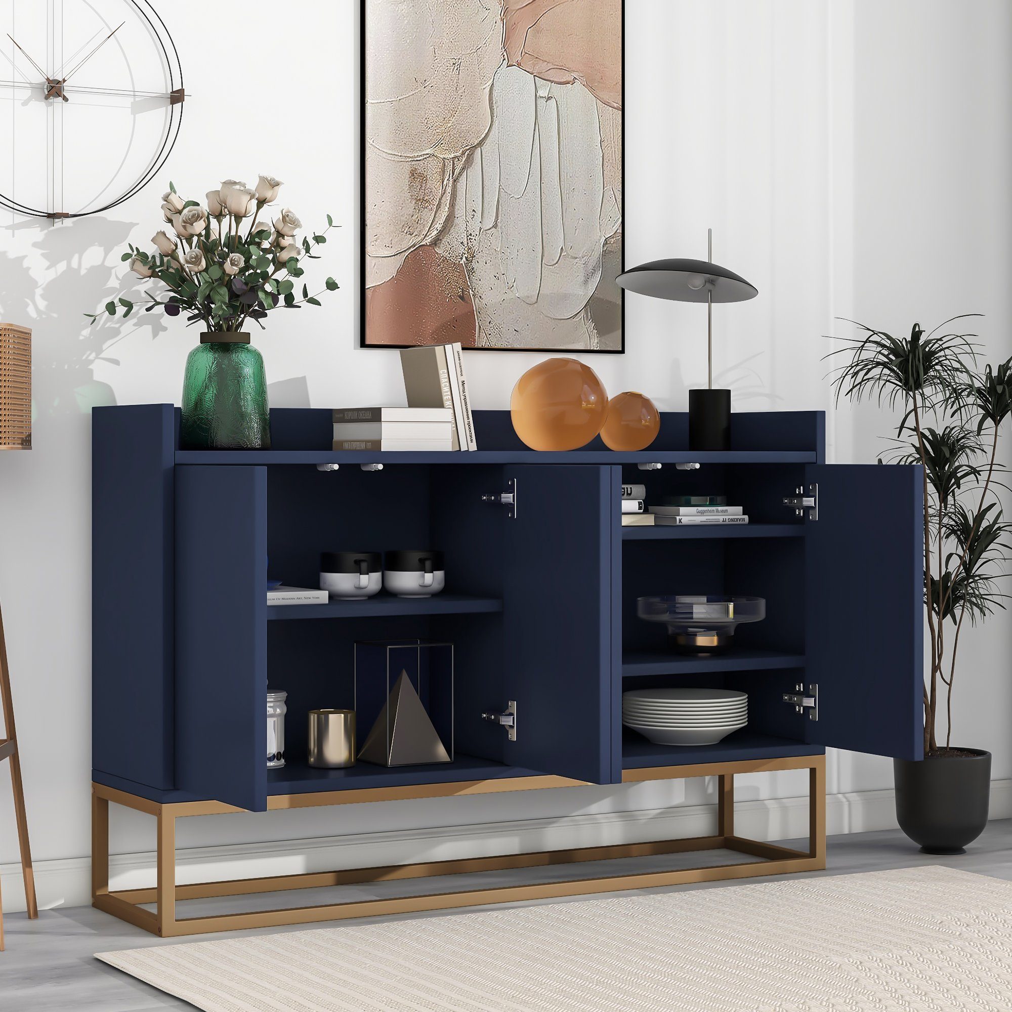 WISHDOR Anrichte Küchenschrank, Modernes Sideboard im minimalistischen Stil 4-türiger (griffloser Buffetschrank für Esszimmer, Wohnzimmer, Küche) blau