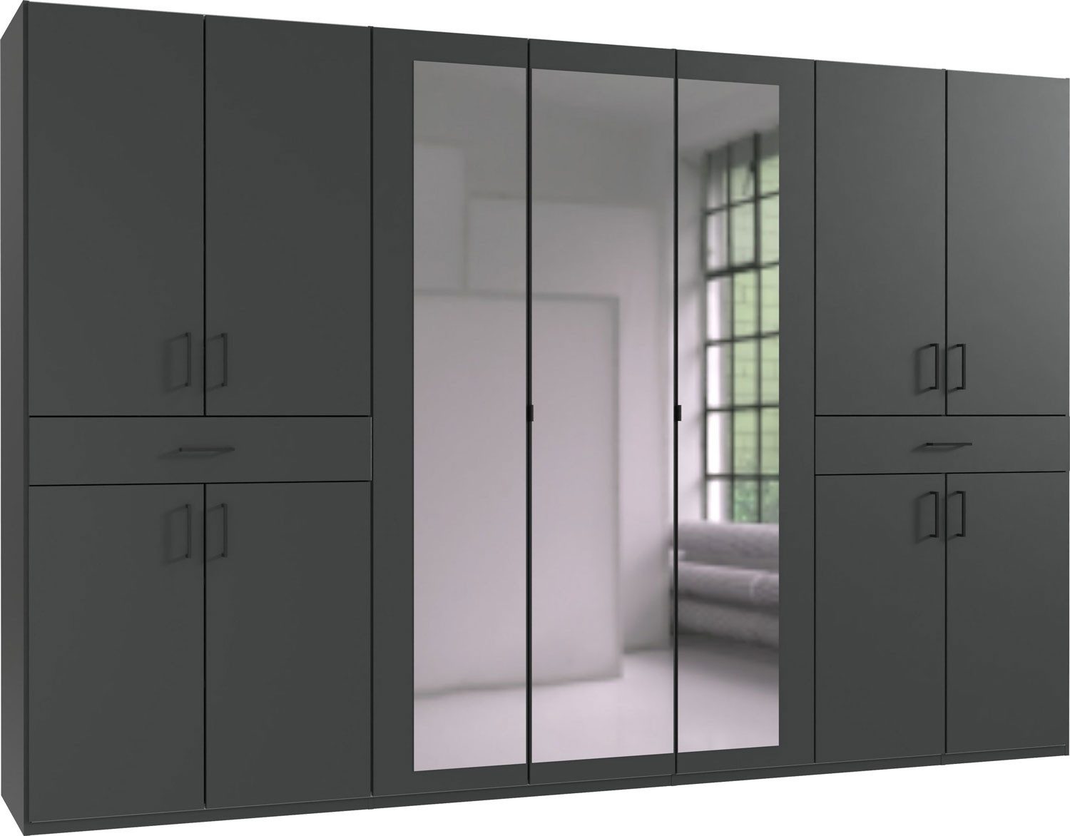 Wimex Drehtürenschrank Tibet (mit Türen, Schubladen, Einlegeböden, Kleiderstangen, 1-St., moderne Optik, mit Spiegel, Kunststoffgriffe) graphit 313x58x208cm 11-türig