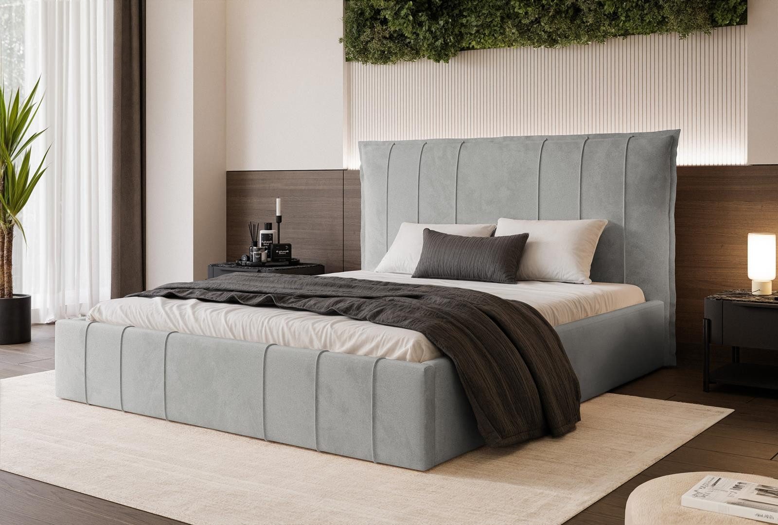 Compleo Polsterbett Designerbett, Elegant Design und Modern, gepolstertes Kopfteil mit Bettkasten