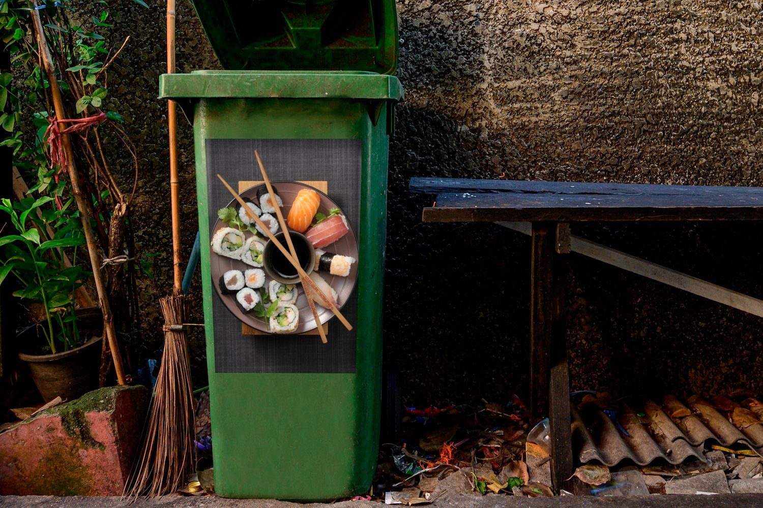 Sticker, Mülltonne, voller (1 japanischer Sushi MuchoWow Wandsticker St), Abfalbehälter Mülleimer-aufkleber, Teller Container,