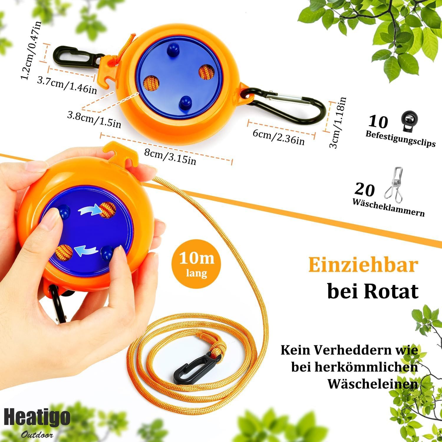 FELIXLEO Wand-Wäscheleine Wäscheleine ausziehbar 10m Camping tragbar Reise Outdoor orange