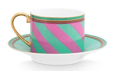 PiP Studio Tasse Chique Stripes Tasse mit Untertasse pink-green 220ml, Porzellan