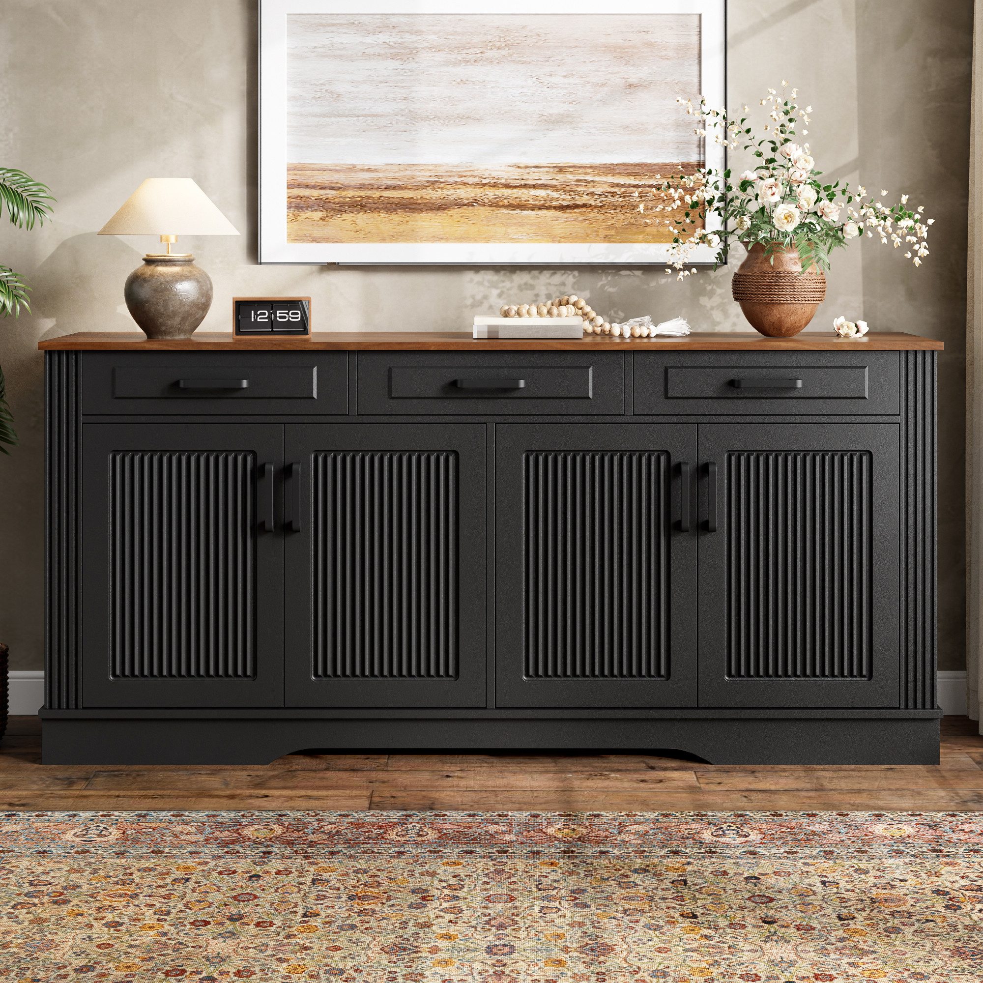 Merax Sideboard mit 3D vertikalen Rillen, Wohnzimmerschrank Schrank (1 St), Kommode mit 3 Schubladen, 4 Türen & Stauraum, 160x40x75cm