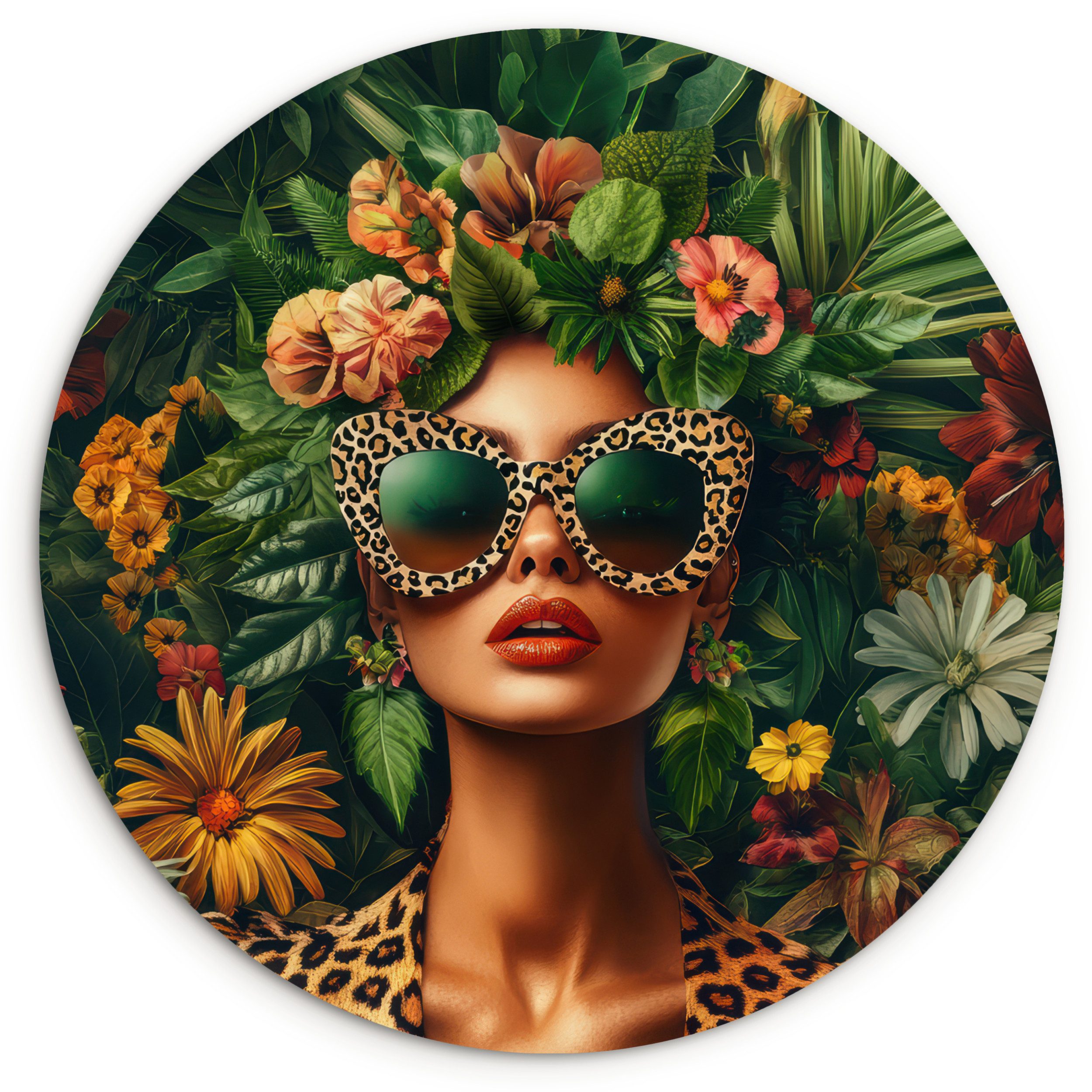 MuchoWow Gemälde Frau - Pantherdruck - Dschungel - Natur - Luxus, Fotodruck (1 St), Kreis Wanddekoration, Rundes Wandbild, 30x30 cm