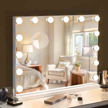 REDOM Schminkspiegel Hollywood Spiegel Kosmetikspiegel Make-up Spiegel mit Beleuchtung (10x Vergrößerung Touch-Steurung Weiß 58x46 cm ohne Bluetooth, 15 dimmbare LED, mit USB-Ladeanschluss, mit 3 einstellbaren Lichtfarben), für Schlafzimmer Ankleidezimmer Kosmetikstudio Schönheitssalon usw