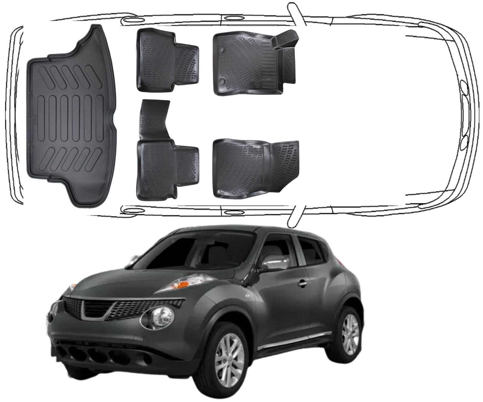 Trimak Auto-Fußmatte Oder Kofferraumwanne Oder Set für Nissan Juke, Nissan Juke 1. Gen. 2010–2015 Gummimatten Auto & Kofferraummatte TPE