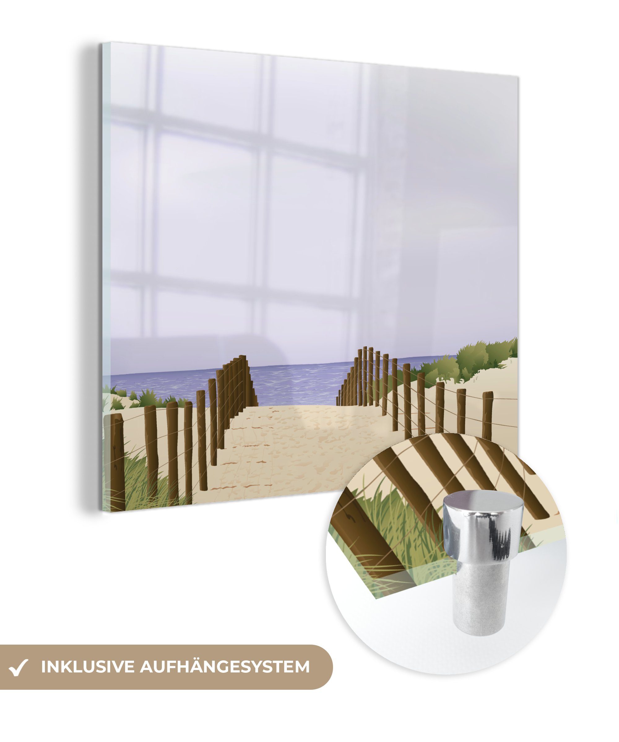 MuchoWow Acrylglasbild Illustration eines Dünenwegs zum Meer, (1 St), Glasbilder - Bilder auf Glas Wandbild - Foto auf Glas - Wanddekoration