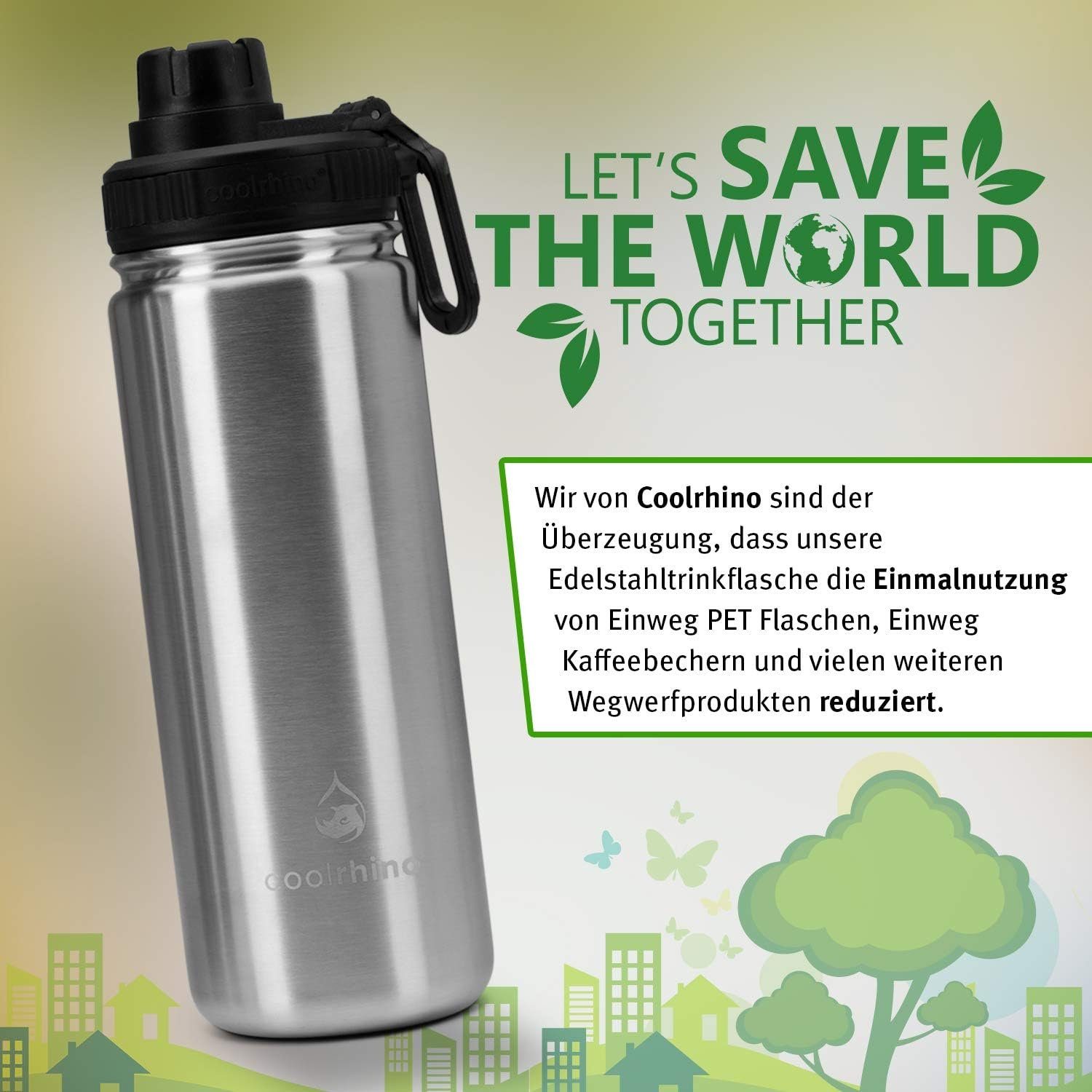 coolrhino Isolierflasche rhinoTherm 530 BPA-frei ml Edelstahl Kohlensäure Trinkflasche Grün doppelwandig / ml, 950 geeignet, Thermosflasche