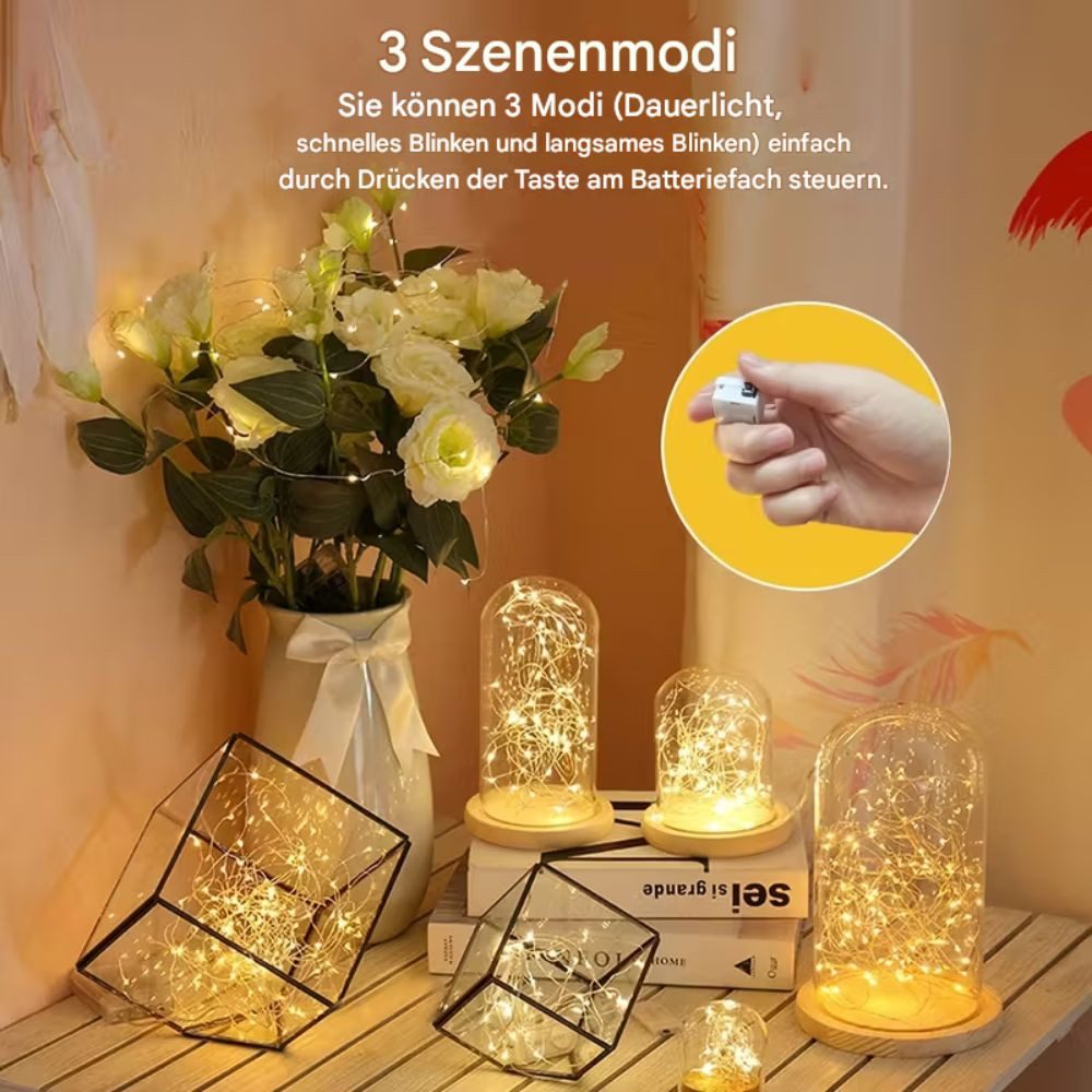 Montegoni Lichterkette 10er LED Lichterkette Set warmweiß 2m Batteriebetrieben 3 Modi, 3 Beleuchtungsmodi, flexibler Kupferdraht, batteriebetrieben
