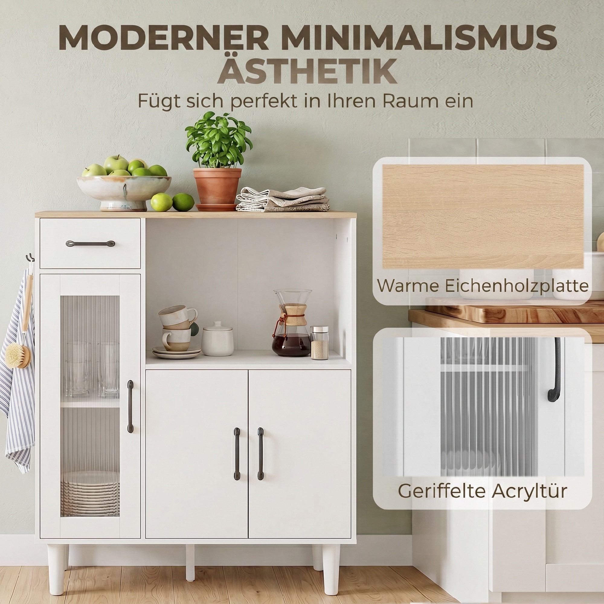 HOMCOM Sideboard Aufbewahrungsschrank mit Schublade, 2 Schränke, offenem Fach (Küchenschrank, 1 St., Aufbewahrungsschrank), für Wohnzimmer Weiß+Eiche 80 x 34 x  – Bild 4 von 5