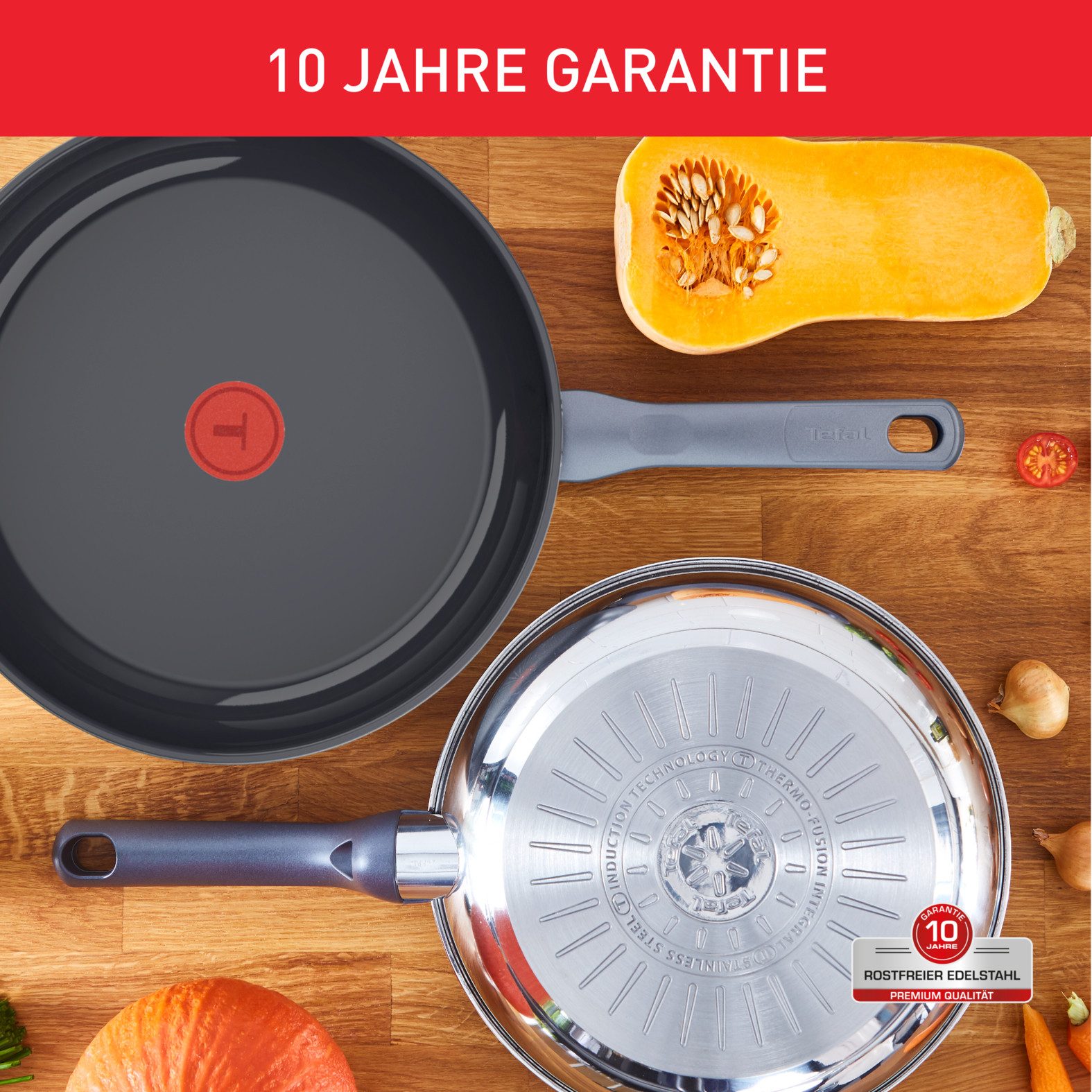 Tefal Pfannen-Set Duetto On, Edelstahl (Set, 3-tlg), Antihaftbeschichtung, Temperaturindikator Thermo-Signal, Induktion