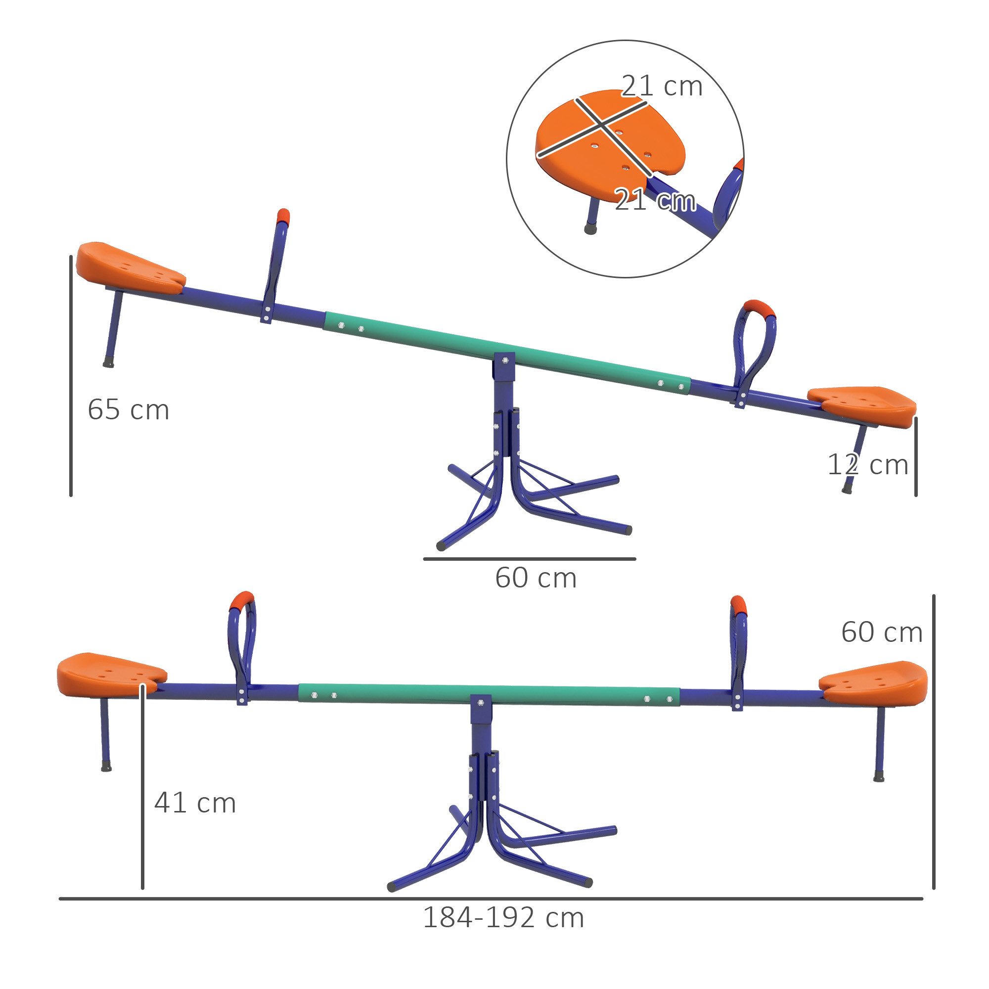 Outsunny Wippe Outdoor Kinder (360° drehbare Kinderwippe, 1-tlg., Kinder Gartenwippe) für 3-8 Jahre Kinder Stahl Kunststoff Mehrfarbig 192x60x60 cm