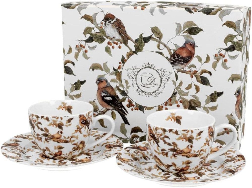 Duo-Gift Espressotasse Set mit Untertassen, Sommer, Frühling, Herbst, Winter, Tasse Motiv, 4-tlg., Porzellan, 2 Espressotassen ca. 90 ml mit Untertassen Birdies, Vogel, Vögel, Tieren, Planzen Kollektion, Duo Geschenke, Mug, Kollektion, Ideal als Geschenk