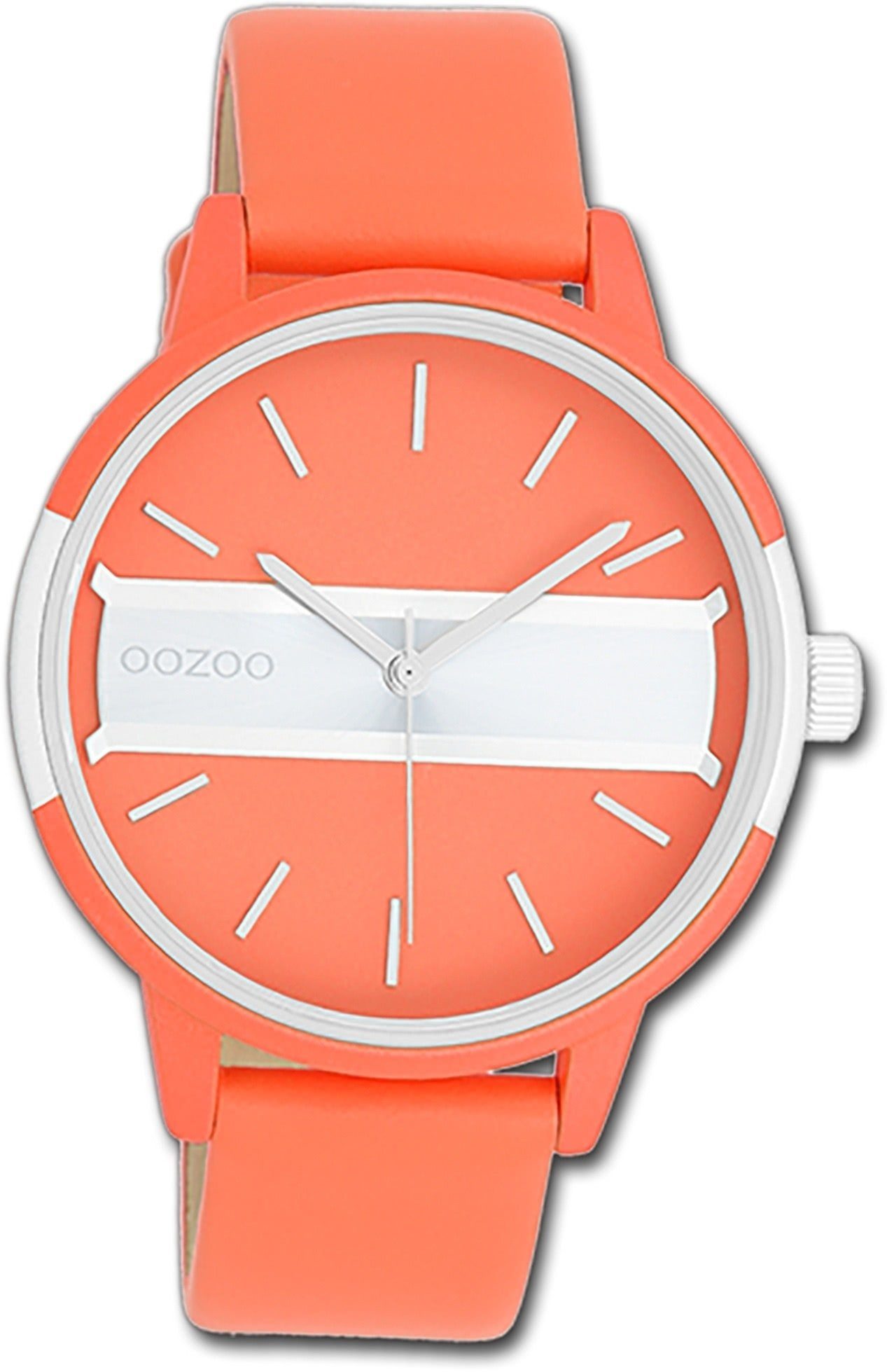 OOZOO Quarzuhr Oozoo Damen Armbanduhr Timepieces, (Analoguhr), Damenuhr Lederarmband orange, rundes Gehäuse, groß (ca. 42mm)