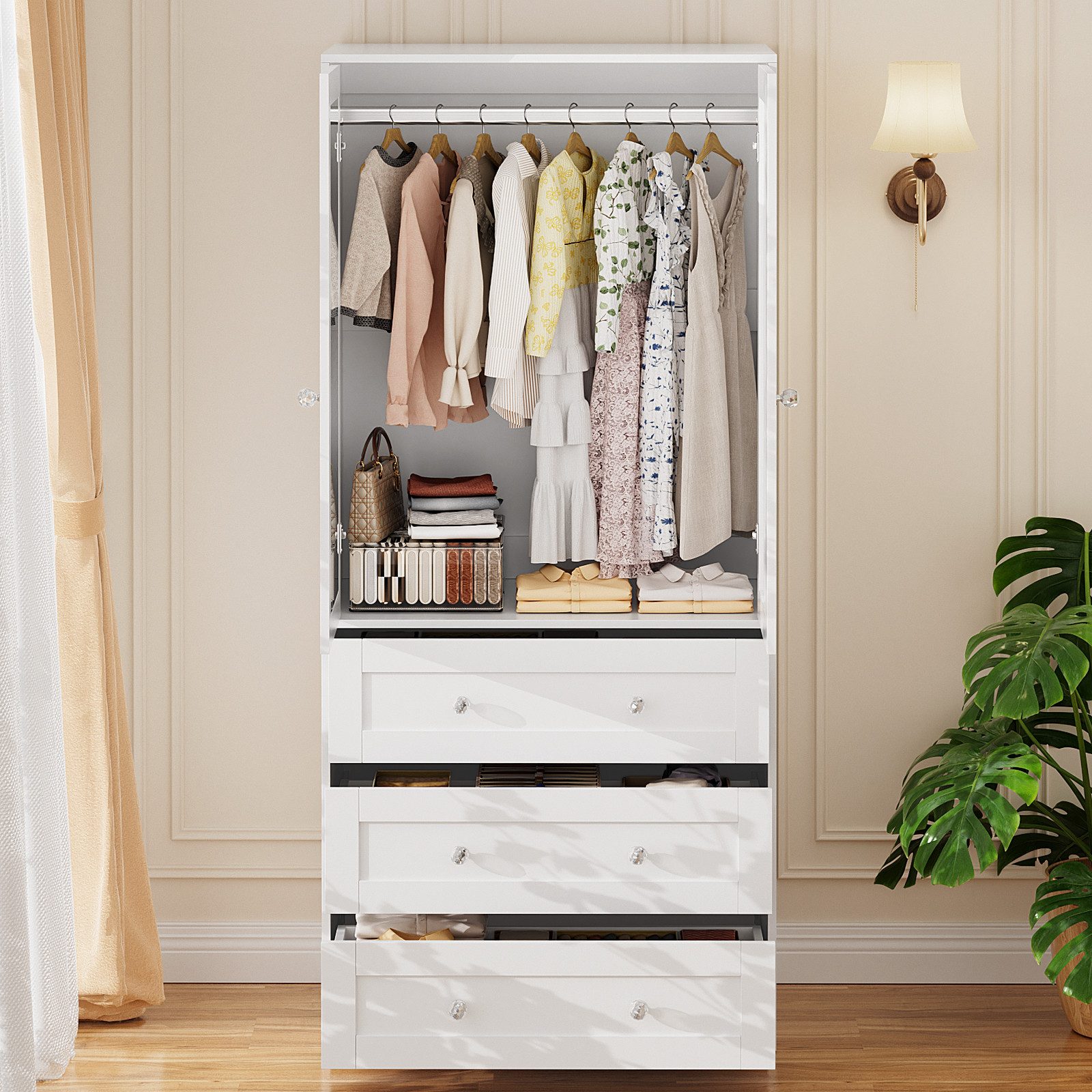 VOWNER Kleiderschrank mit Spiegel, Kleiderstangen, 2 Türen und 3 Schubladen, 80x180x48 cm (1-St) Schlafzimmerschrank mit viel Stauraum, Weiß