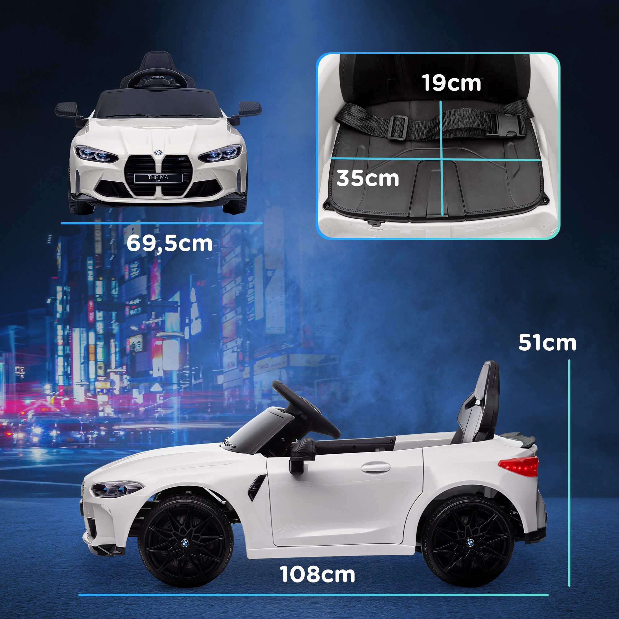 AIYAPLAY Elektro-Kinderauto BMW M4 lizenziertes Elektroauto für Kinder mit einfachem Transport, Belastbarkeit 30 kg, (1-tlg), für Kinder 3-5 Jahre, Weiß