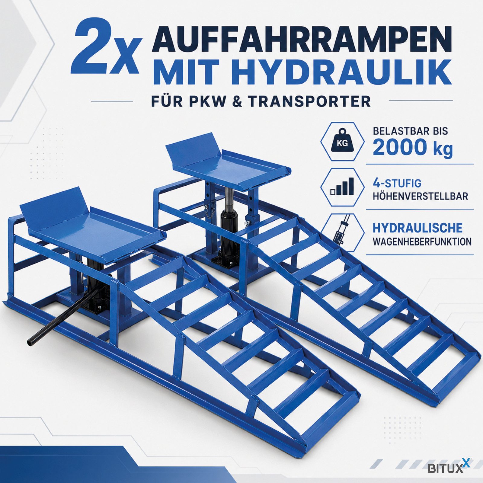 Bituxx Auffahrrampe 1 Paar Blau inkl. Wagenheber (Spar-Set, 2-St., MS-15207), mit hydraulischer Wagenheberfunktion