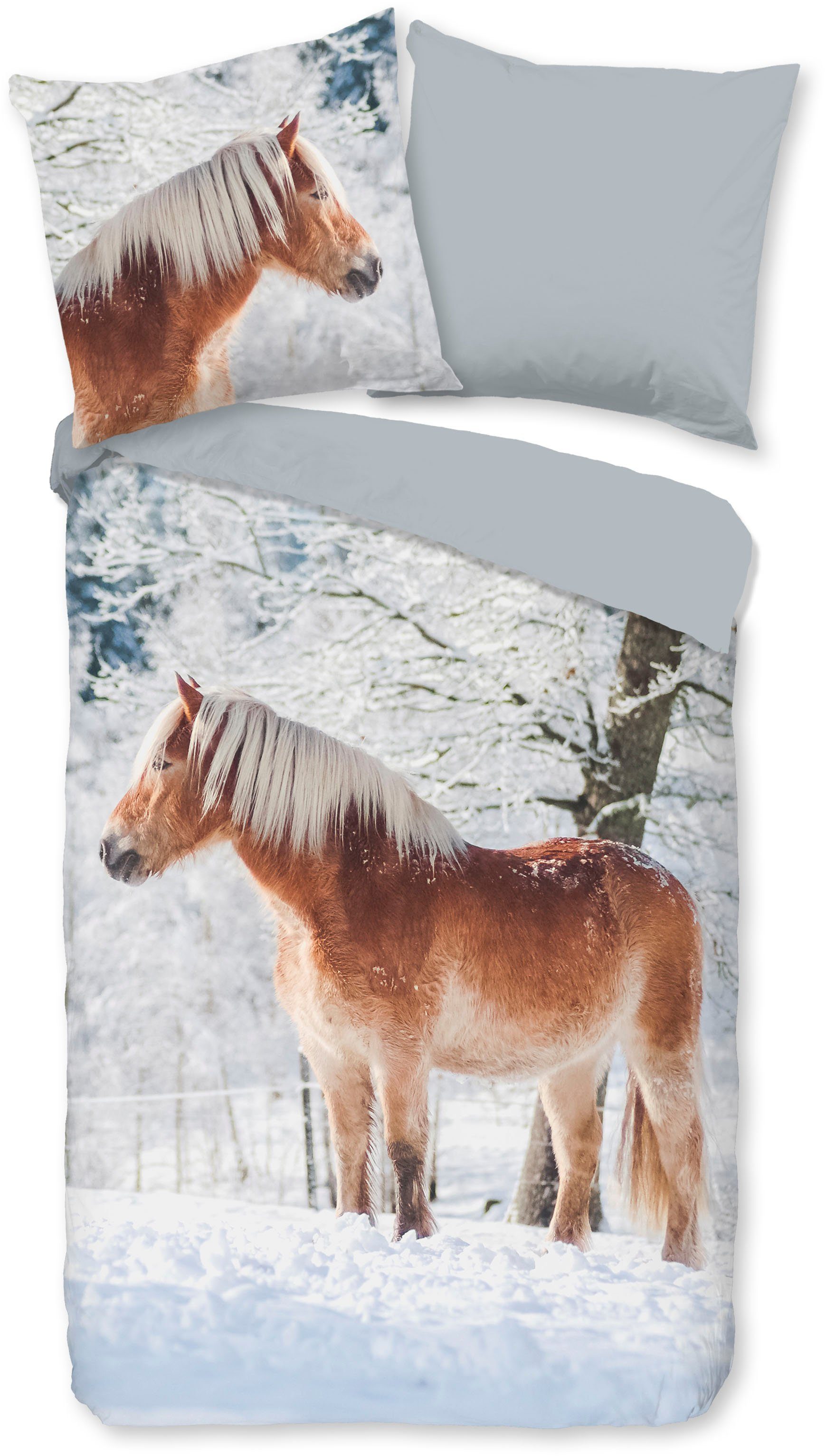 good morning Kinderbettwäsche Scarlet, Biber, Flanell, 2 teilig, Biber, 135x200, Winter, Warm, Reißverschluss, Wendeoptik, Kind, Pferd