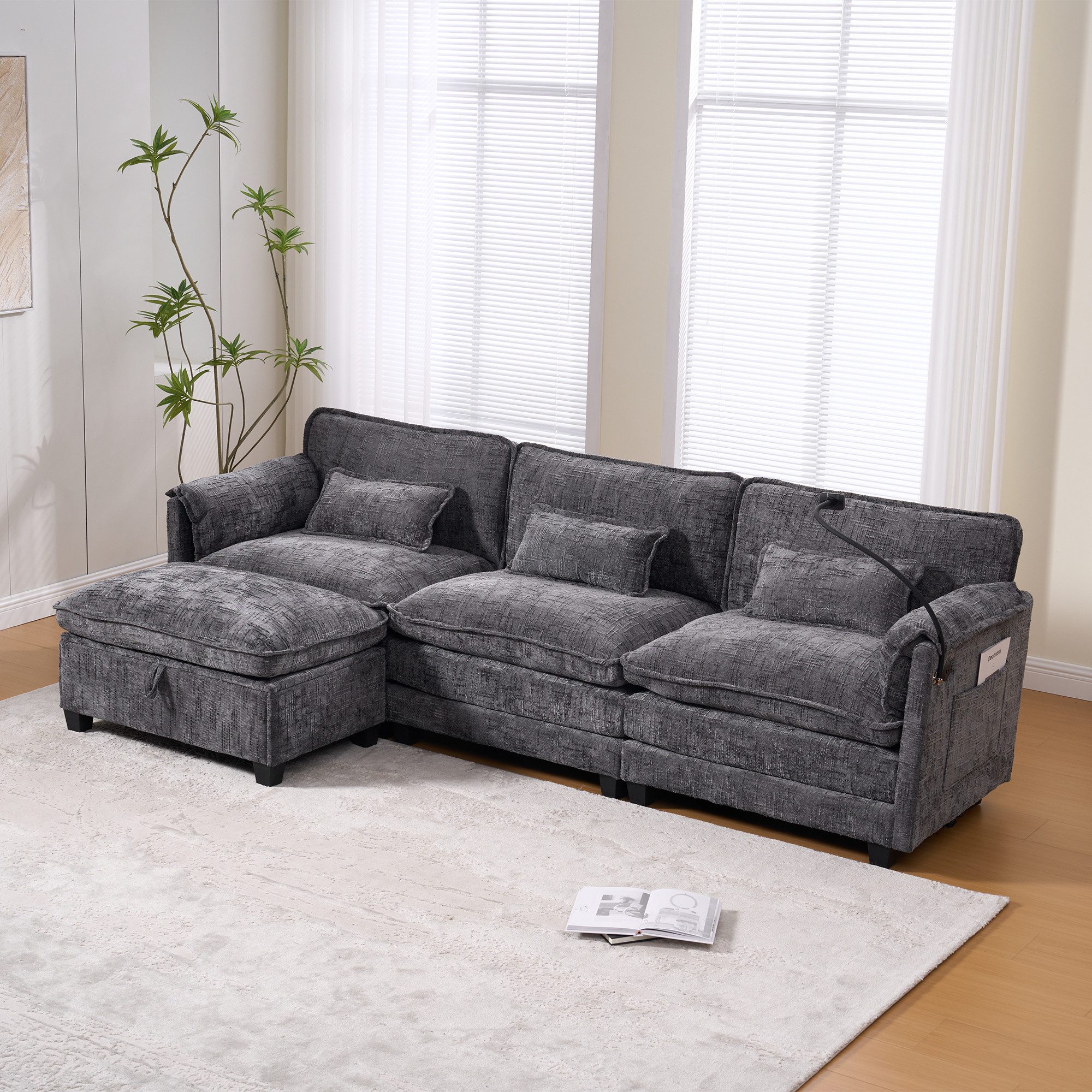 STILVORA Sofa mit Hockern&Seitentaschen,Modulares Sofa Relaxsofa mit USB&Handyhalter, inklusive USB-Anschluss, Seitentasche, Handyhalter und modularen Hockern, Loungesofa