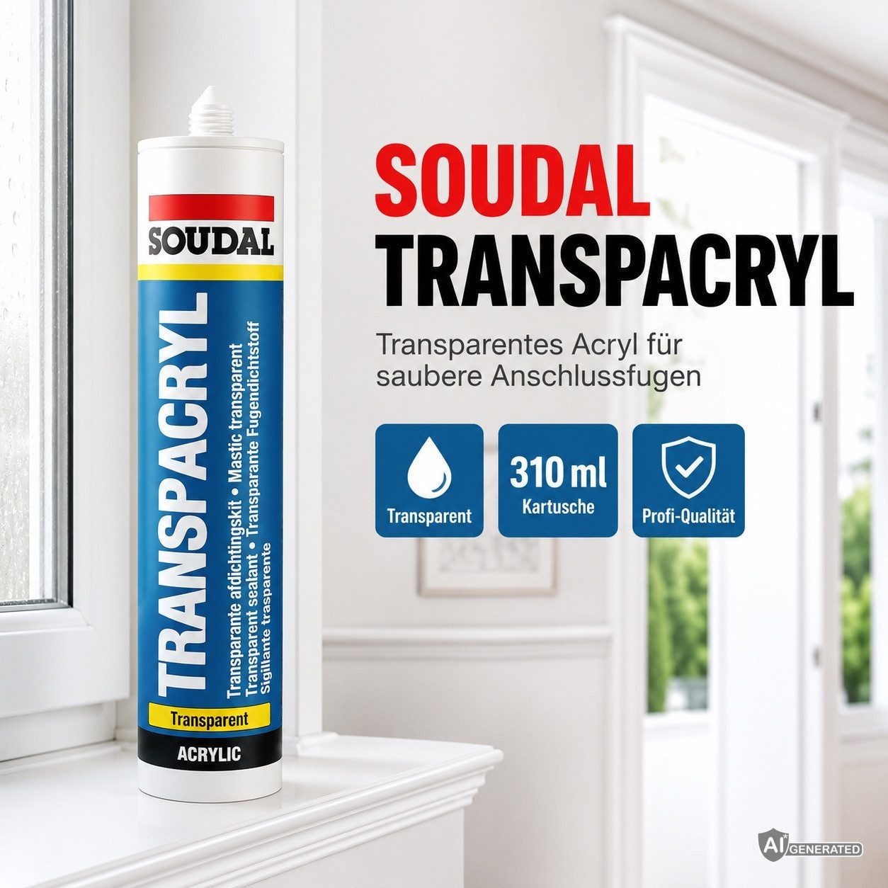 SOUDAL Maleracryl Transpacryl Acryl Dichtstoff 310 ml Transparent, Gebrauchsfertig, Transparenter Acryl-Dichtstoff für Fugen & Risse – Bild 2 von 5
