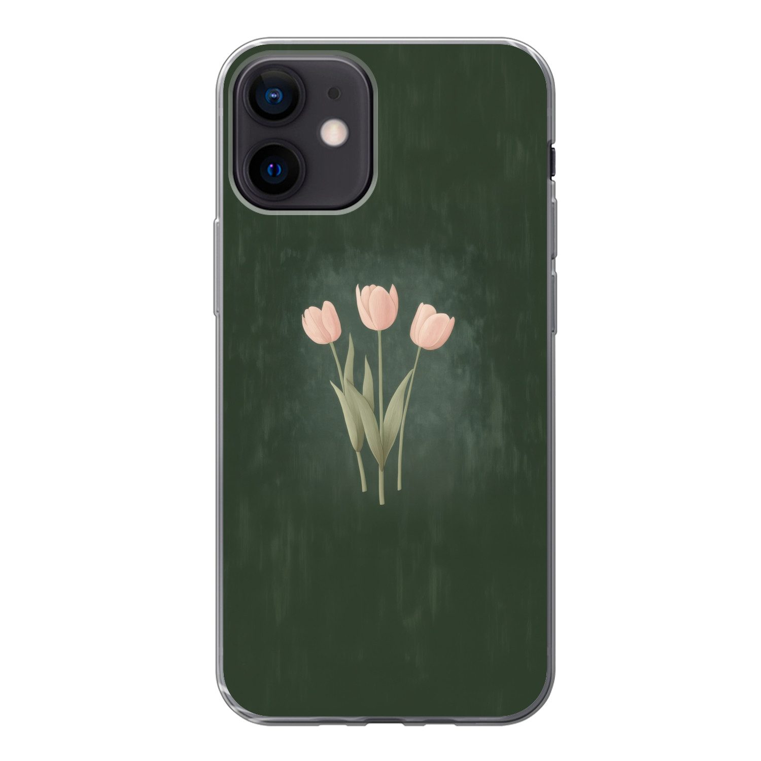 MuchoWow Handyhülle für Apple iPhone 12 Tulpen - Liebe - Dunkelgrün, Smartphone-Bumper, Print, Handy Schutzhülle Dünn