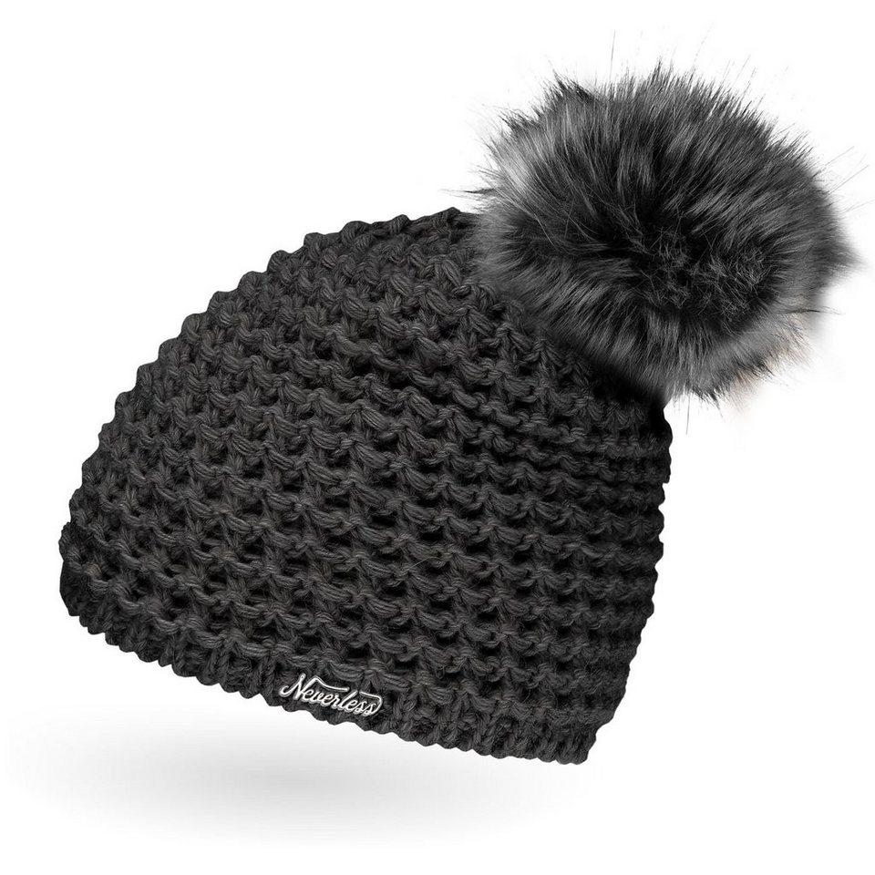 Damen Strickmütze Wintermütze Bommel Kunstfell gefüttert Zopfmuster CO0651524