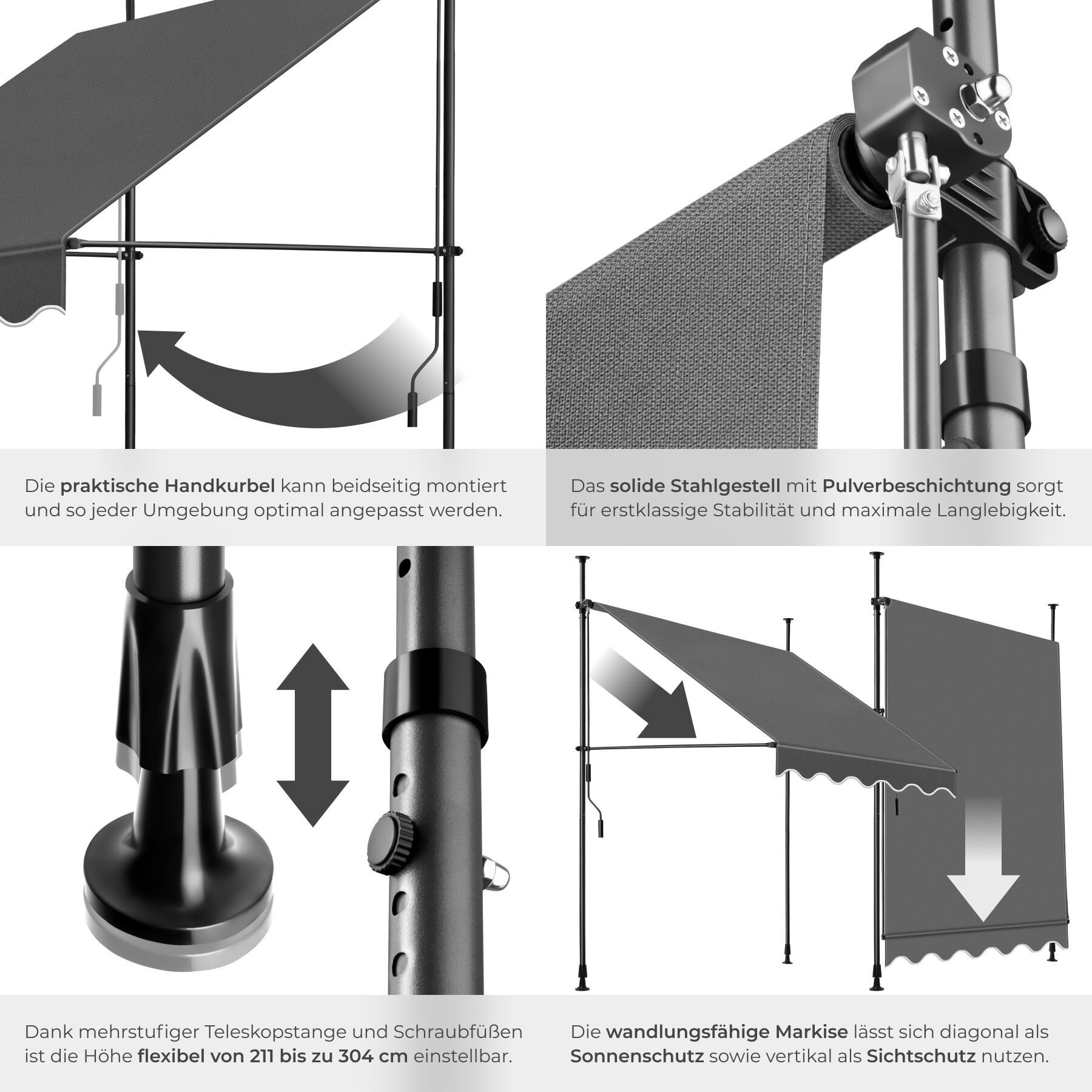 tectake Klemm-Senkrechtmarkise Klemmmarkise mit Handkurbel und bis 90° neigbar, UV-beständig (Sichtschutz/Sonnenschutz, Balkonmarkise für Terrasse und Garten, i – Bild 5 von 5