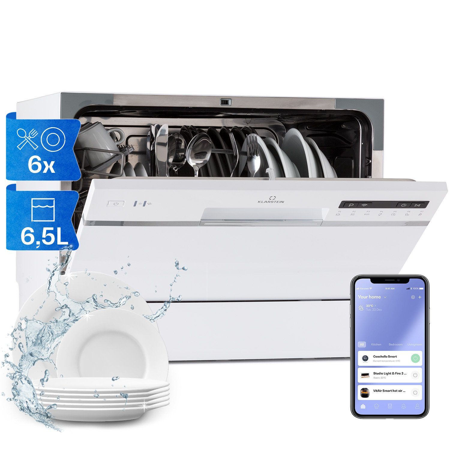 Klarstein Standgeschirrspüler DSM-Amazonia Smart-w 10041885, 6.5 l, Spühlmaschine 55 cm freistehend oder einbaufähig weiss