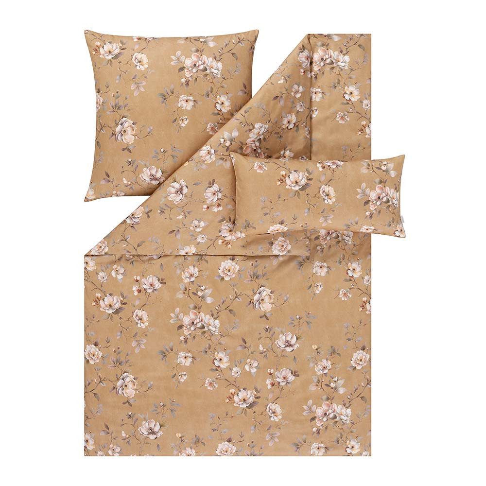 Estella Bettwäsche Estella Mako-Satin Bettwäsche 135x200 Lara messing Rosen Blütenzweige, Mako-Satin, 2 teilig