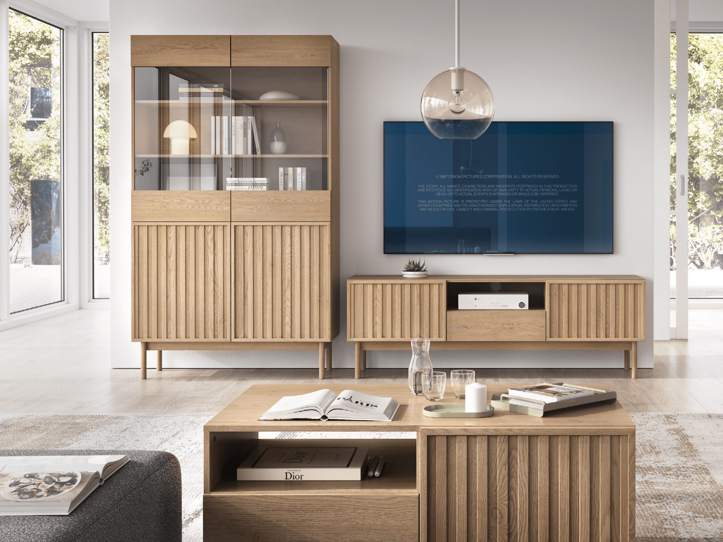 Beautysofa Wohnzimmer-Set SAPPORO im Japandi-Stil, (Vitrine + TV-Schrank, Push-to-Open-Funktion), Eiche Cremona