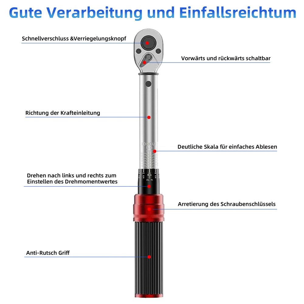 Mucola Torque Wrench Set 1/4" 3-25Nm 72 Teeth Reversible Ratchet Head (Set of 15), 6.3 mm (1/4") Drive, Chrome Vanadium Steel, incl. Work Gloves
