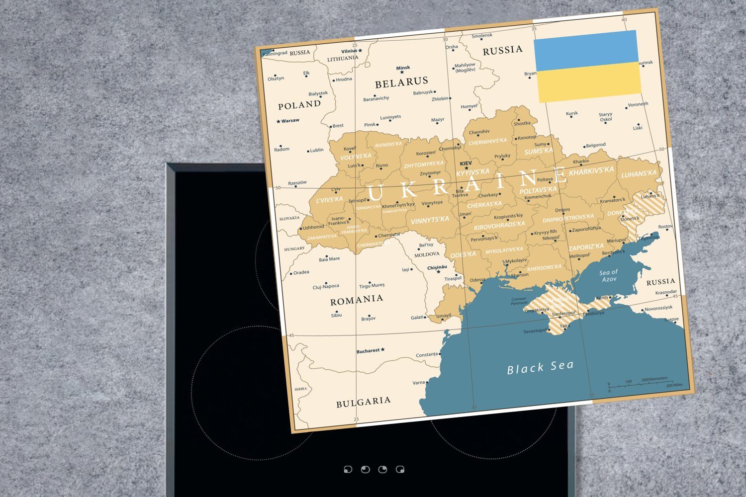 einer küche Karte cm, Herdblende-/Abdeckplatte Ukraine Illustration 78x78 mit MuchoWow Ceranfeldabdeckung, der (1 Arbeitsplatte tlg), der Vinyl, Flagge, für