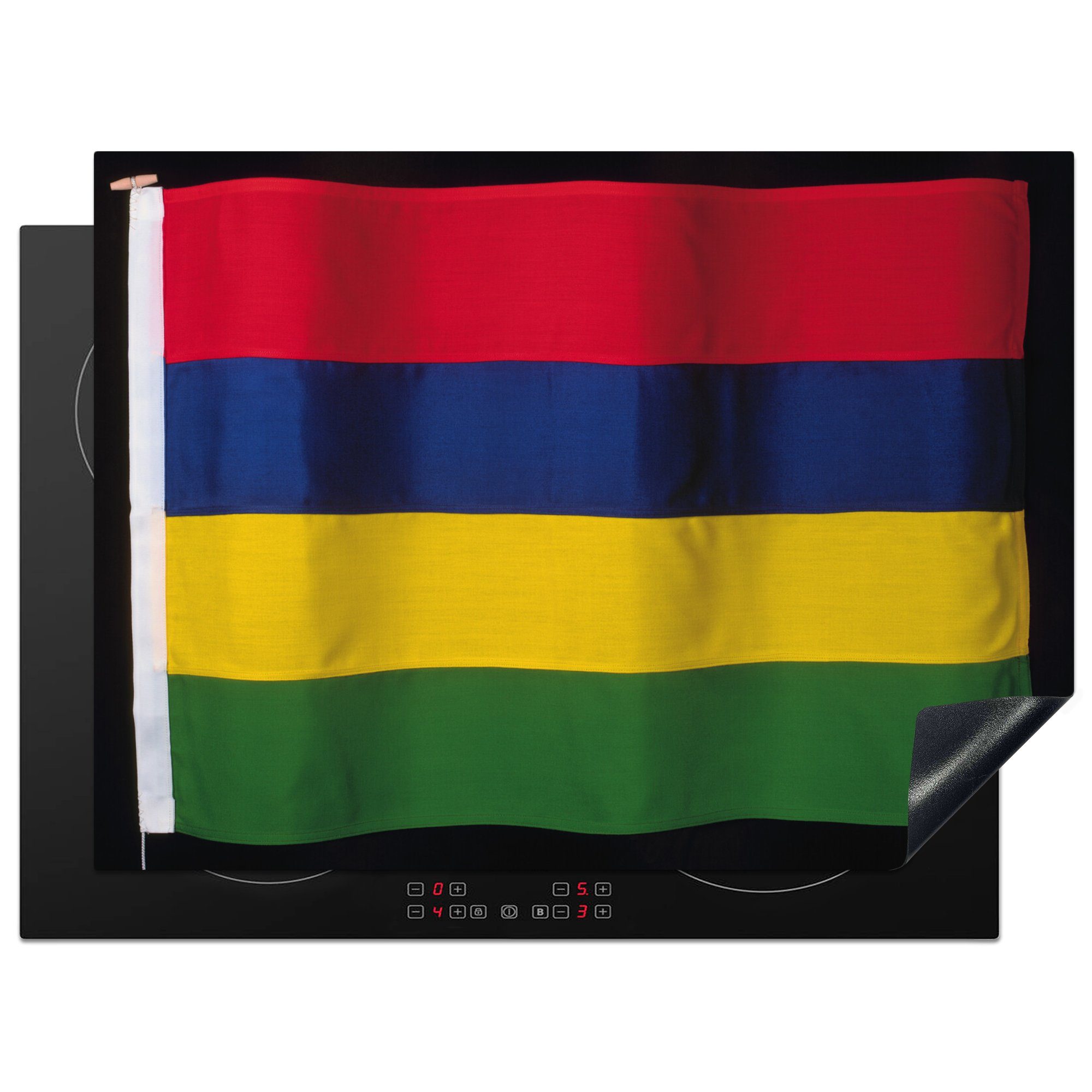 MuchoWow Herdblende-/Abdeckplatte Die Flagge von Mauritius auf schwarzem Hintergrund, Vinyl, (1 tlg), 70x52 cm, Mobile Arbeitsfläche nutzbar, Ceranfeldabdeckung
