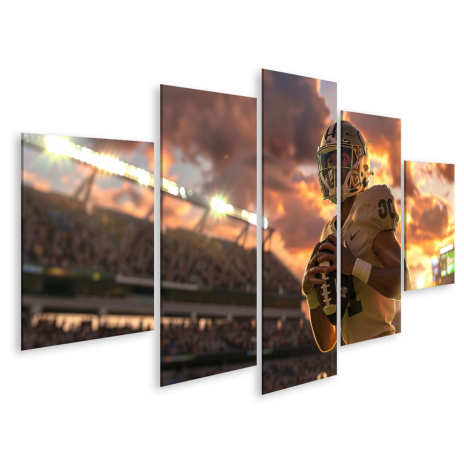 islandburner Leinwandbild, Footballspieler im Sonnenuntergangsstadium