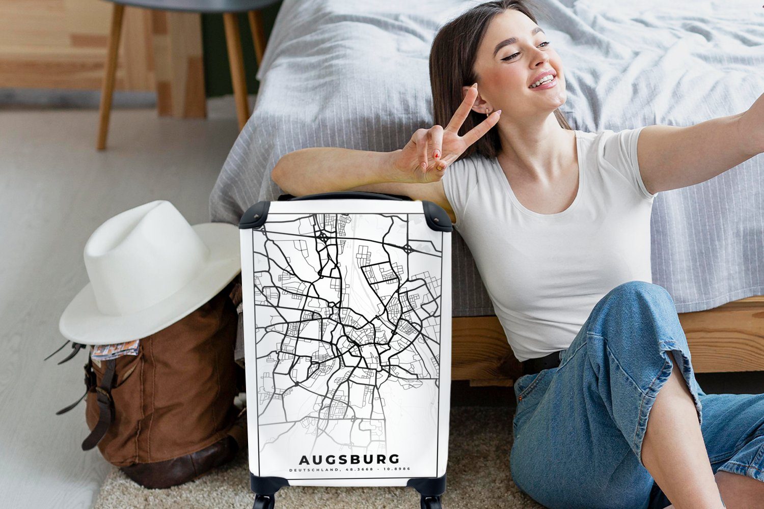 für 4 Handgepäck Augsburg Reisetasche Ferien, Handgepäckkoffer Rollen, - Trolley, rollen, Reisekoffer MuchoWow Karte mit Stadtplan, -