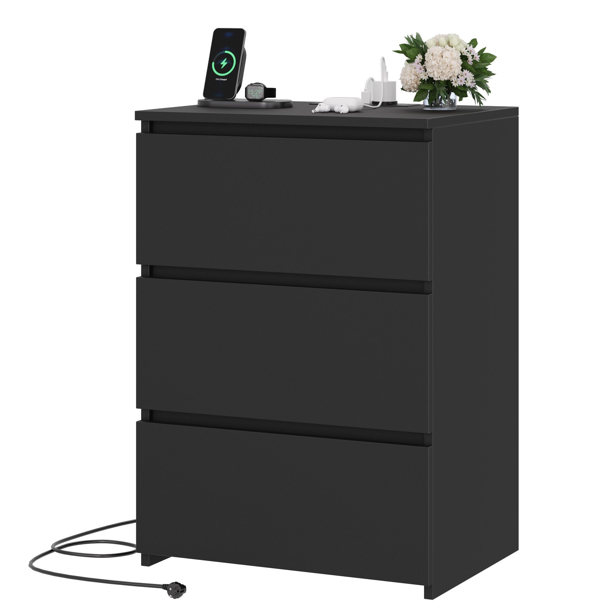 Homfa Nachttisch Nachtschrank Nachtkommode Nachtkonsole (1-St), 3 Schubladen, 45x38x66 cm, Schwarz