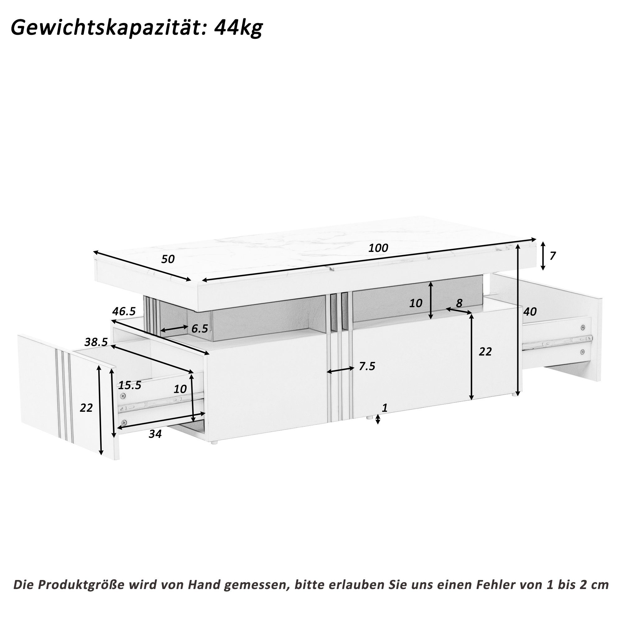 Moderner x 100cm 40cm Weiß 100 2 Couchtisch Wohnzimmertisch Holzschubladen), 50 (mit Breite x Abmessungen: PVC-Musterplatte rechteckiger und BlingBin
