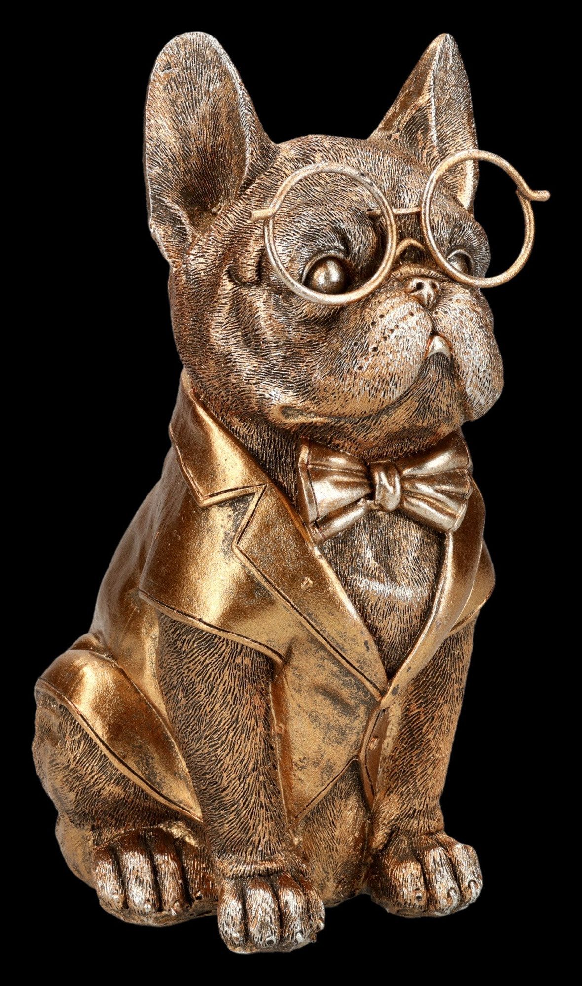 Figuren Shop GmbH Tierfigur Bulldogge Figur – Gentleman Hund Statue mit Brille & Fliege 21,5 cm
