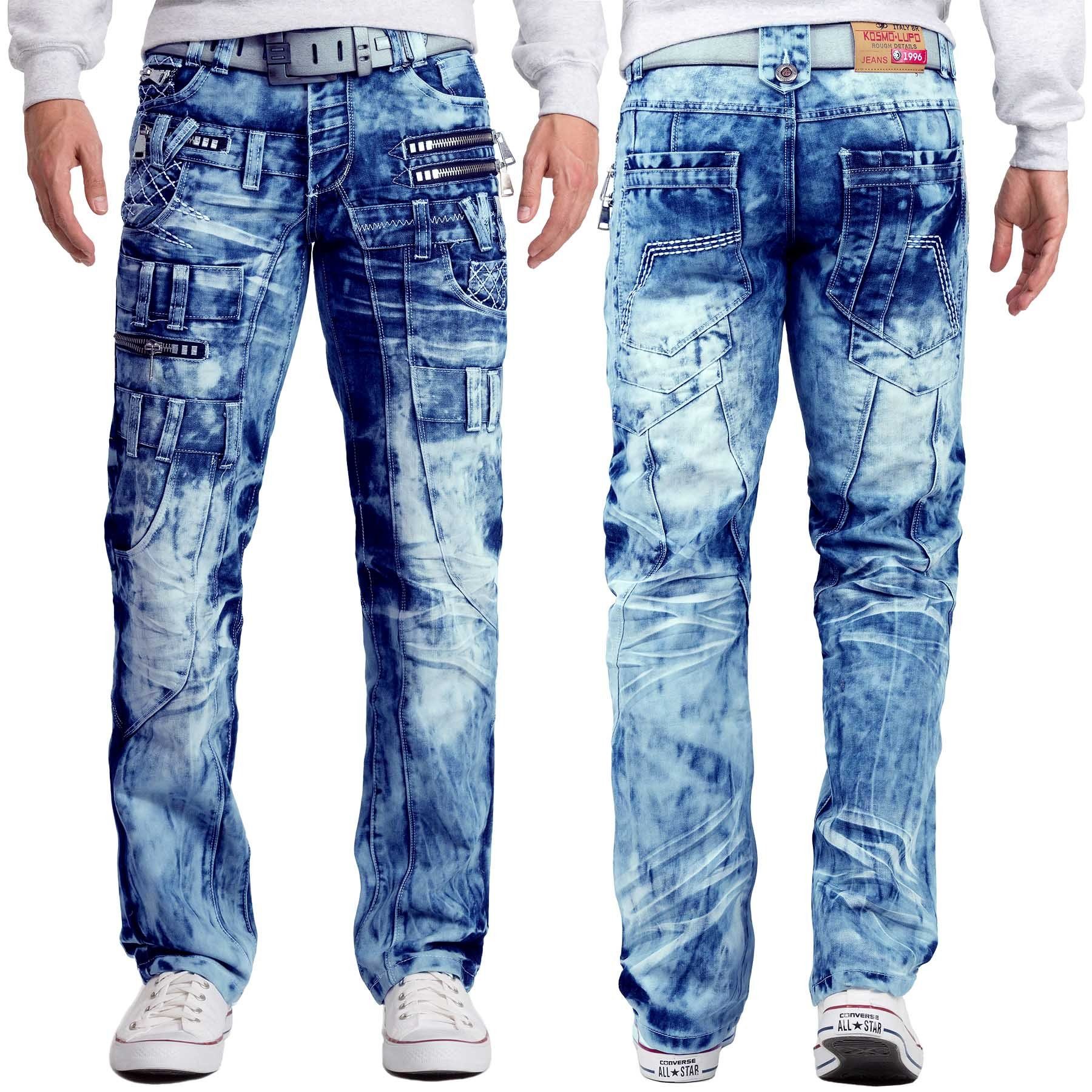 Kosmo Lupo 5-Pocket-Jeans Herren Regular Fit Jeans Stonewashed KM009 (1-tlg) Markantes Design mit Aufgesetzten Applikationen