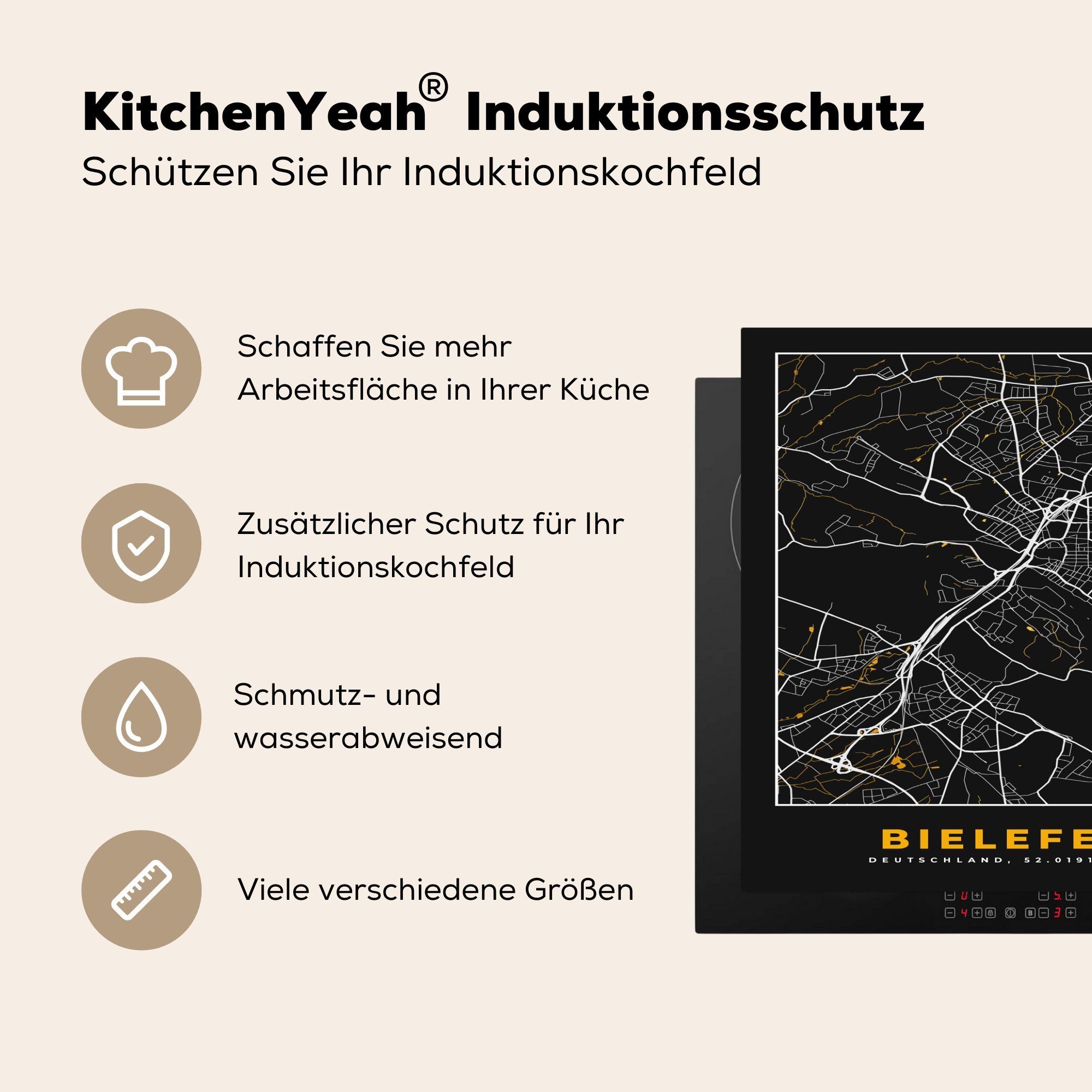 - 78x78 Ceranfeldabdeckung, Karte - tlg), Stadtplan Bielefeld Gold küche Vinyl, Arbeitsplatte cm, MuchoWow für Herdblende-/Abdeckplatte Deutschland, - (1 -
