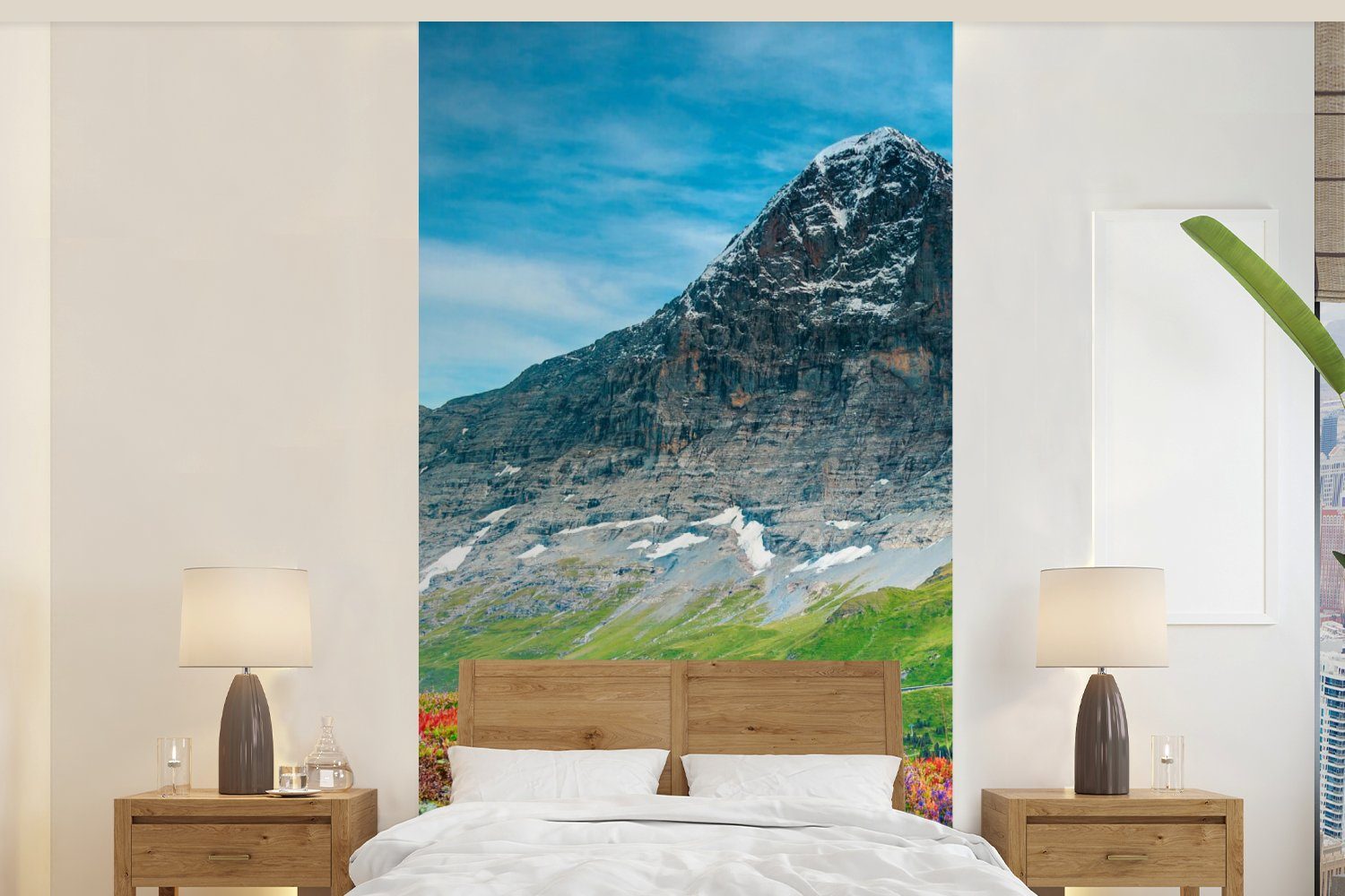 MuchoWow Fototapete Blumen - Berge - Schnee - Landschaft, Matt, bedruckt, (2 St), Vliestapete für Wohnzimmer Schlafzimmer Küche, Fototapete | Fototapeten