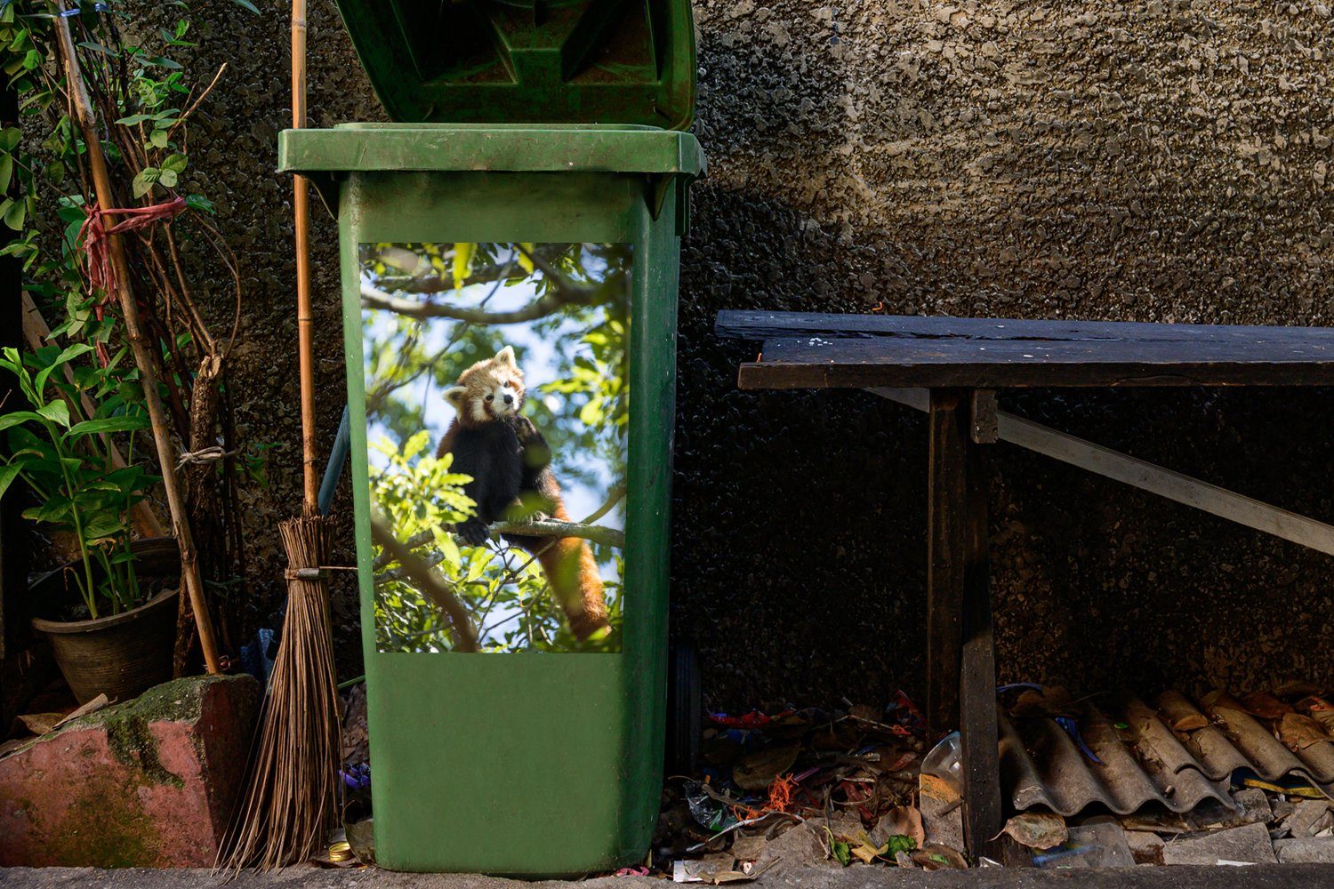 MuchoWow Wandsticker Mülltonne, Abfalbehälter Sticker, (1 Mülleimer-aufkleber, Panda - Pflanzen St), Baum Container, 