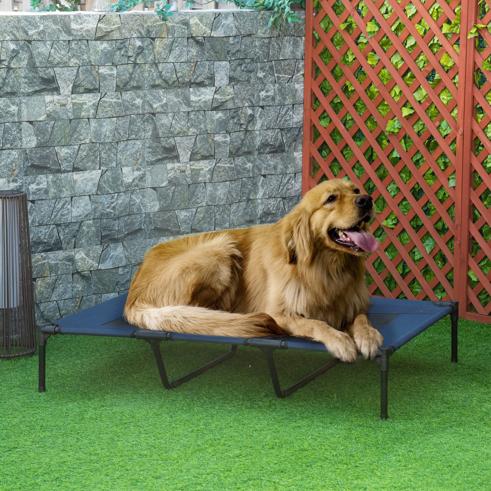 PawHut Tierbett Hundeliege Outdoor erhöht kühlend Mesh Metallrahmen 122x92x23cm, Oxford, Texteline-Stoff, für Garten, Balkon, Dunkelblau