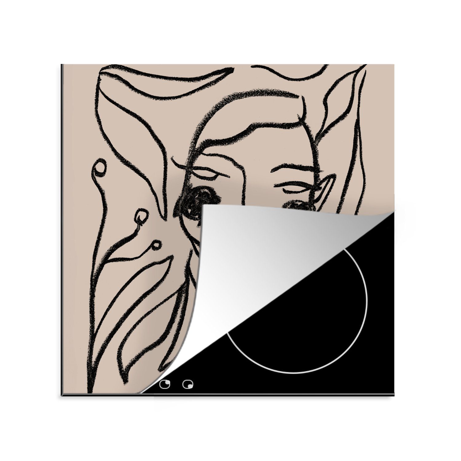 MuchoWow Herdblende-/Abdeckplatte Strichzeichnung - Pastell - Schwarz - Porträt, Vinyl, (1 tlg), 78x78 cm, Ceranfeldabdeckung, Arbeitsplatte für küche | Herdabdeckplatten