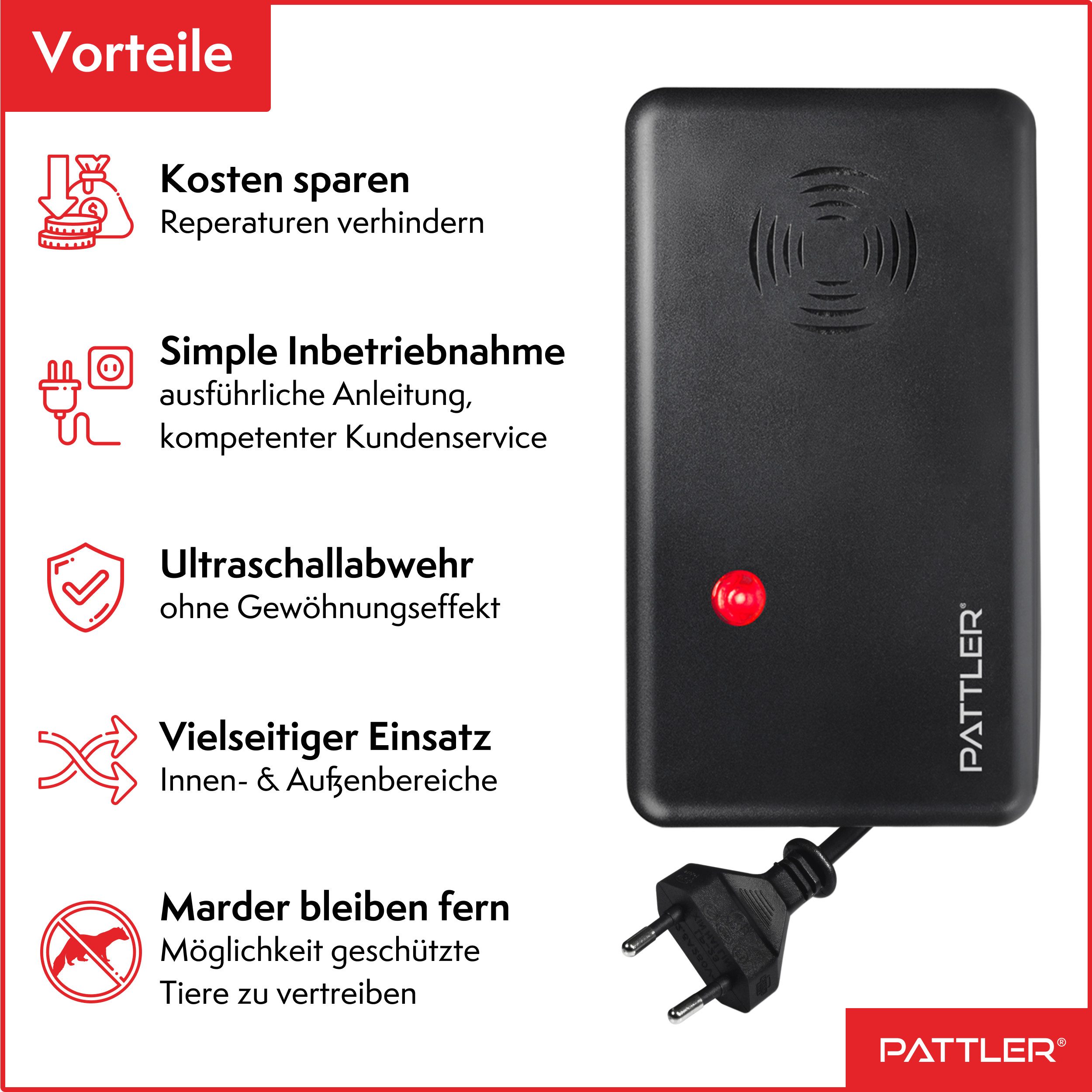 Pattler Ultraschall-Tierabwehr Marderschreck mit Hochfrequenztönen, 1 Gerät für ca. 60 m² – Bild 3 von 5
